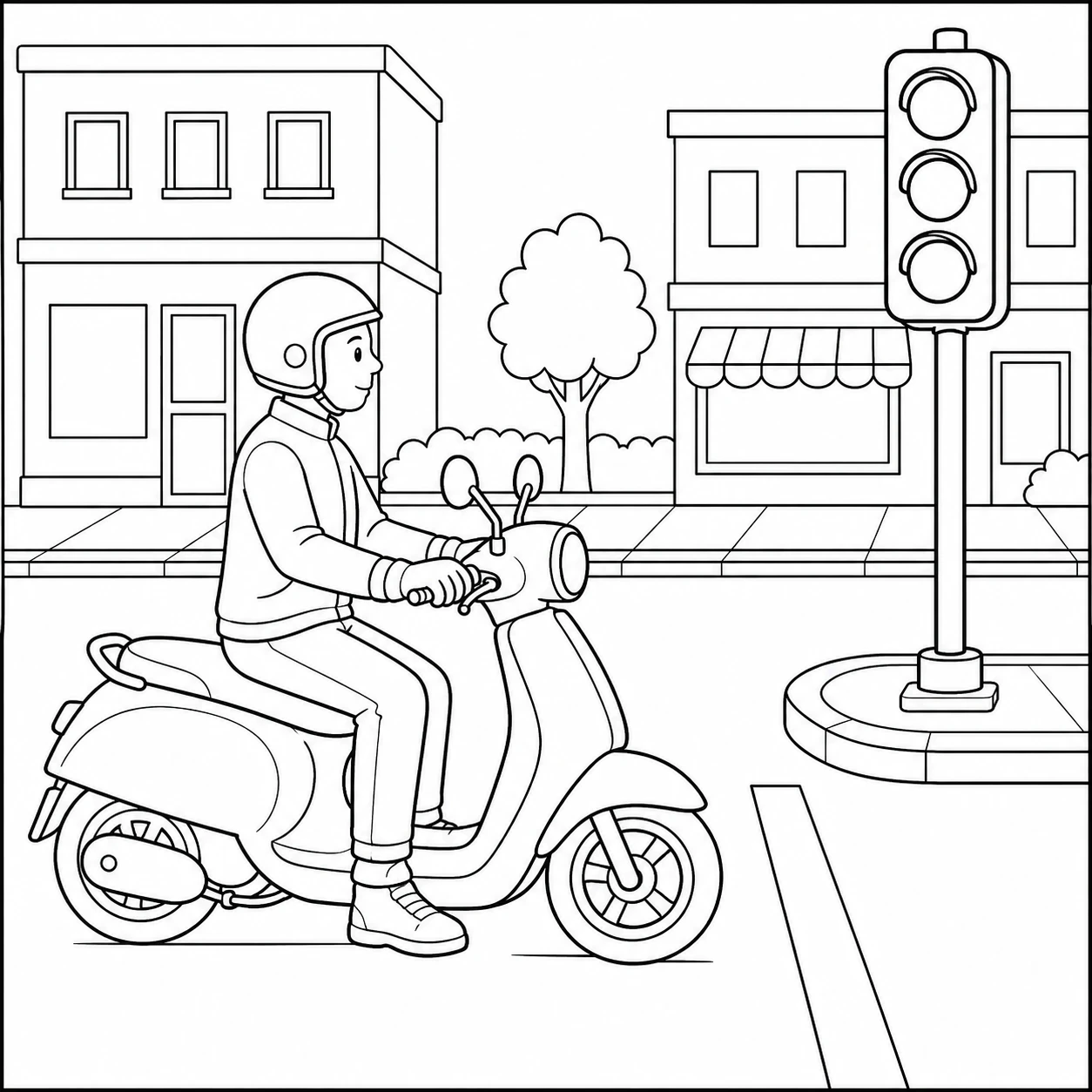 Veilig uitgeruste scooterrijder wacht bij een verkeerslicht tussen eenvoudige stadsgebouwen
