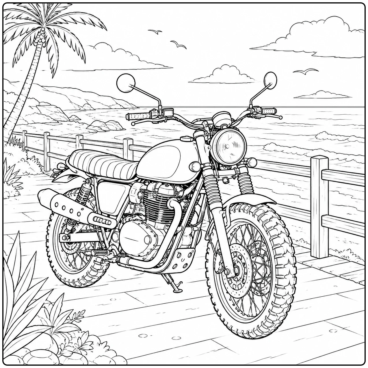 Klassieke scrambler staat bij een boulevard met palmboom, hekwerk en zeezicht.