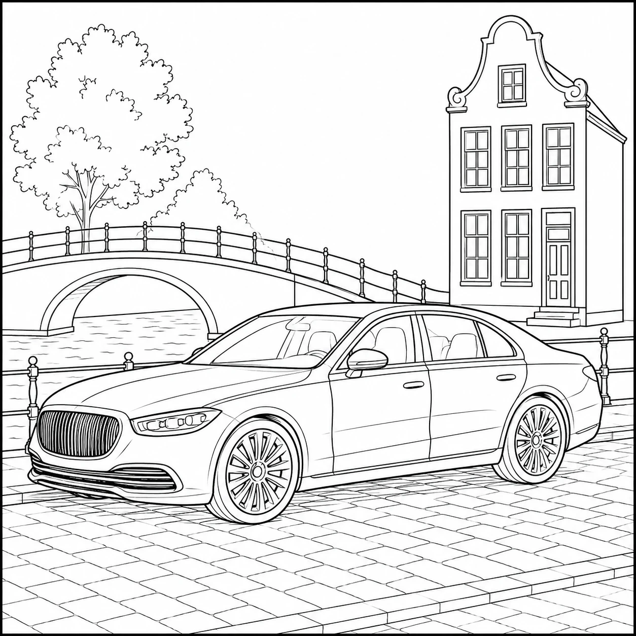 Sedan langs een gracht met boogbrug en grachtenpand, uitgevoerd als kleurplaat auto bmw