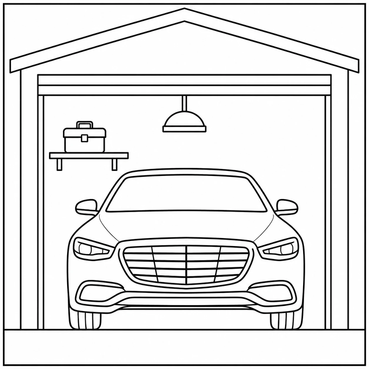 Vooraanzicht van een sedan in een garage, kleurplaat auto mercedes met duidelijke lijnen