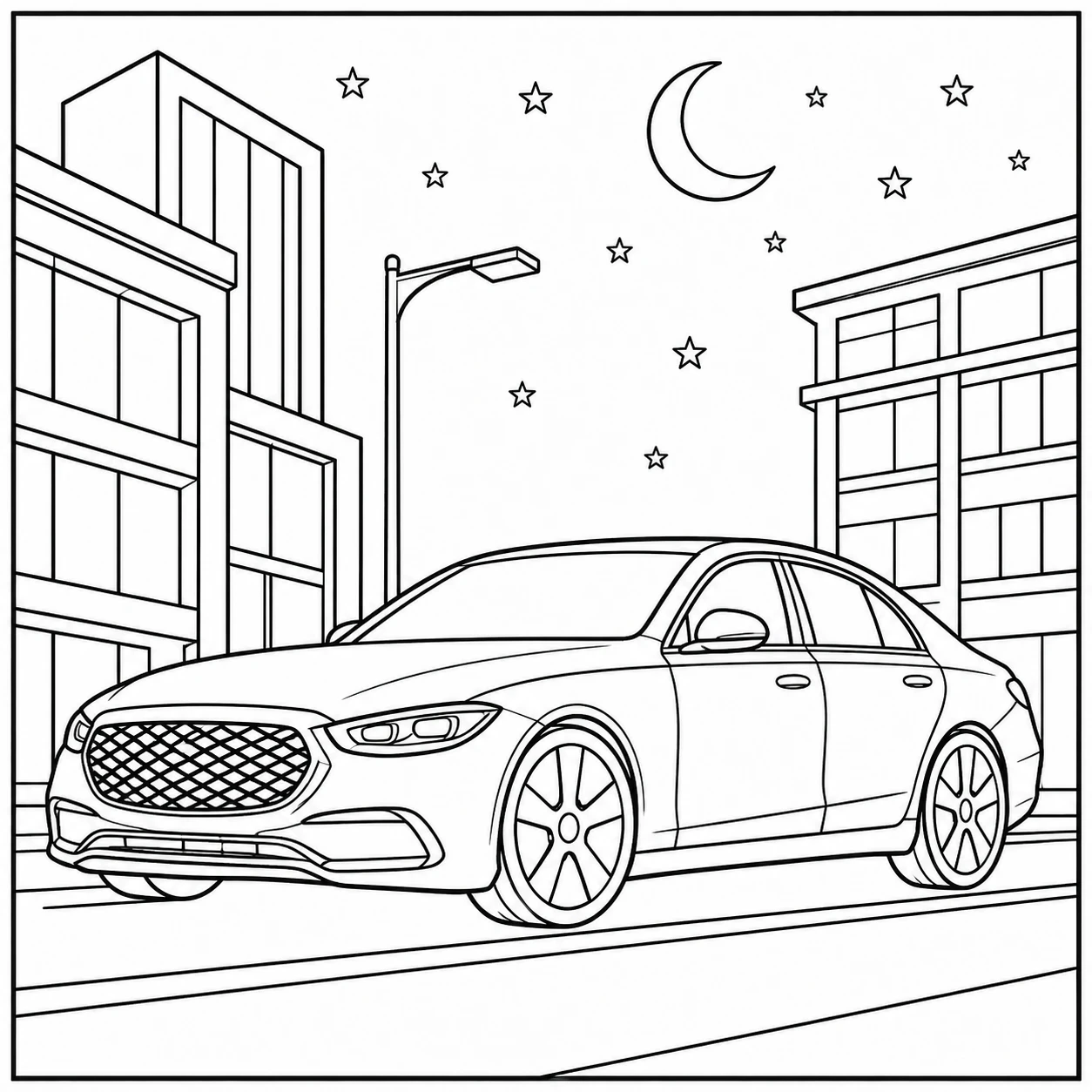 Luxe sedan in een nachtelijke stad met maan, sterren en moderne gebouwen
