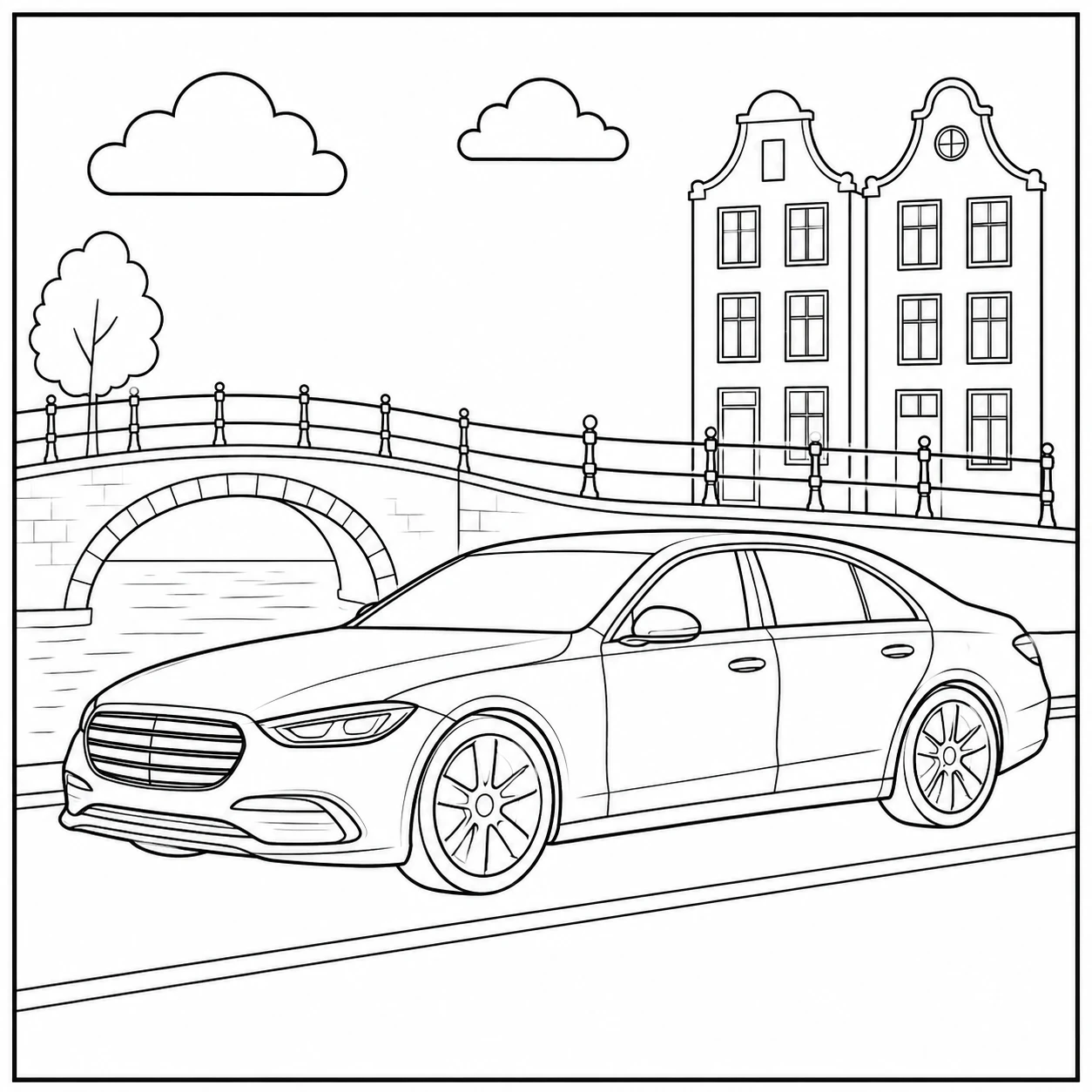 Sedan langs een Nederlandse gracht met brug en hoge grachtenpanden op de achtergrond