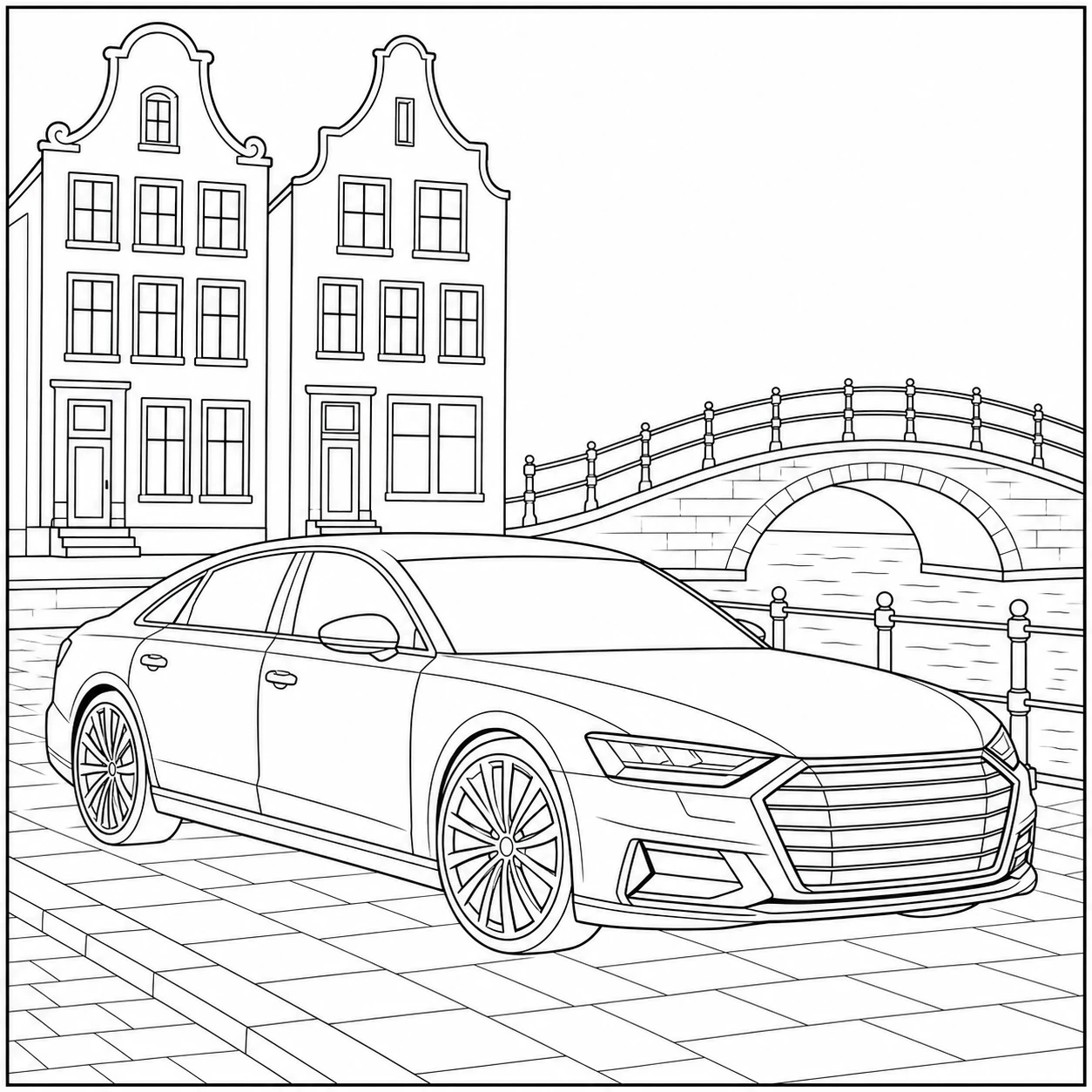 Elegante sedan langs een gracht met smalle huizen, stenen brug en rustige kade