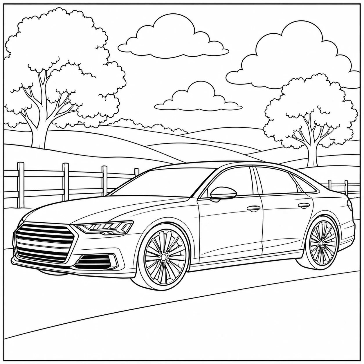 Elegante sedan op een landweg met bomen en heuvels, een rustige kleurplaat auto audi voor autoliefhebbers