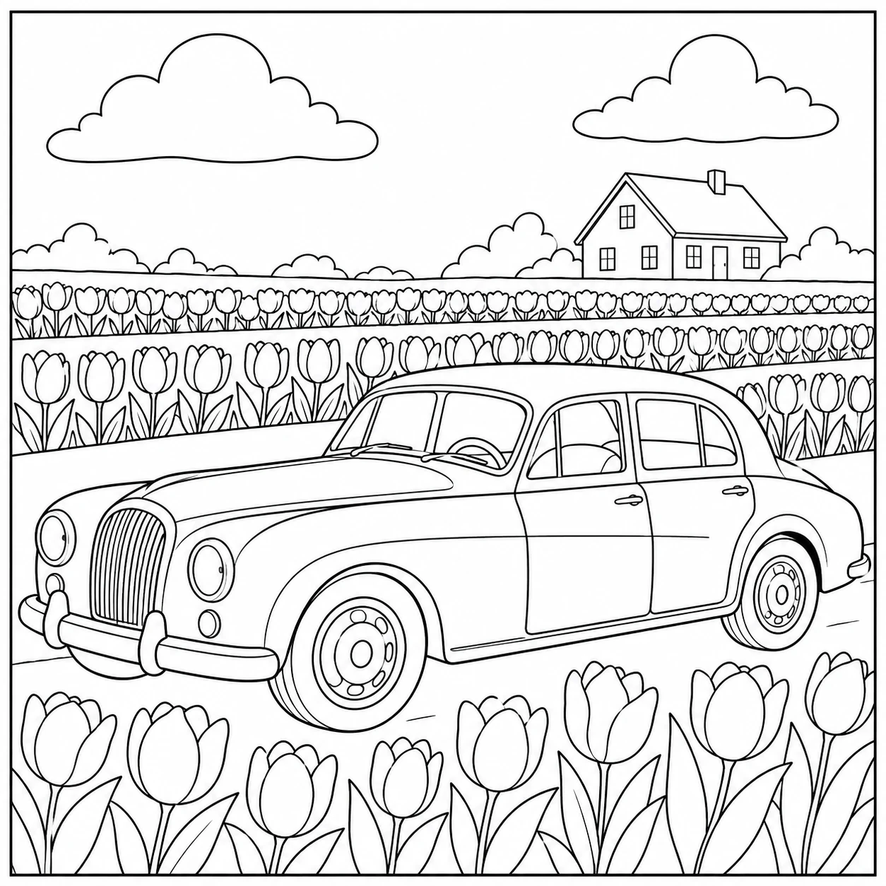 Tussen brede tulpenrijen staat een elegante kleurplaat oude auto voor een boerderij.
