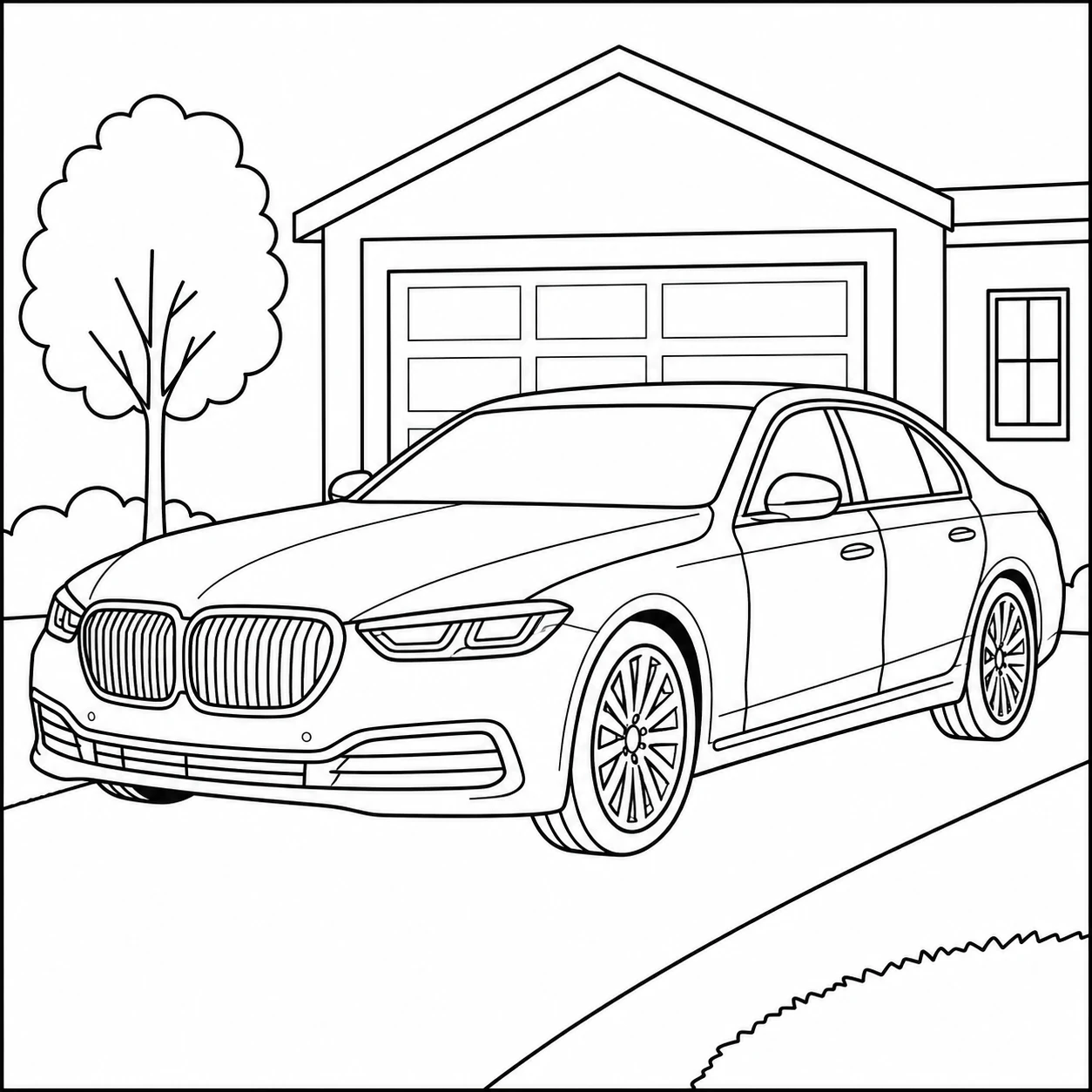 Elegante kleurplaat auto bmw op een oprit voor een huis met garage en boom