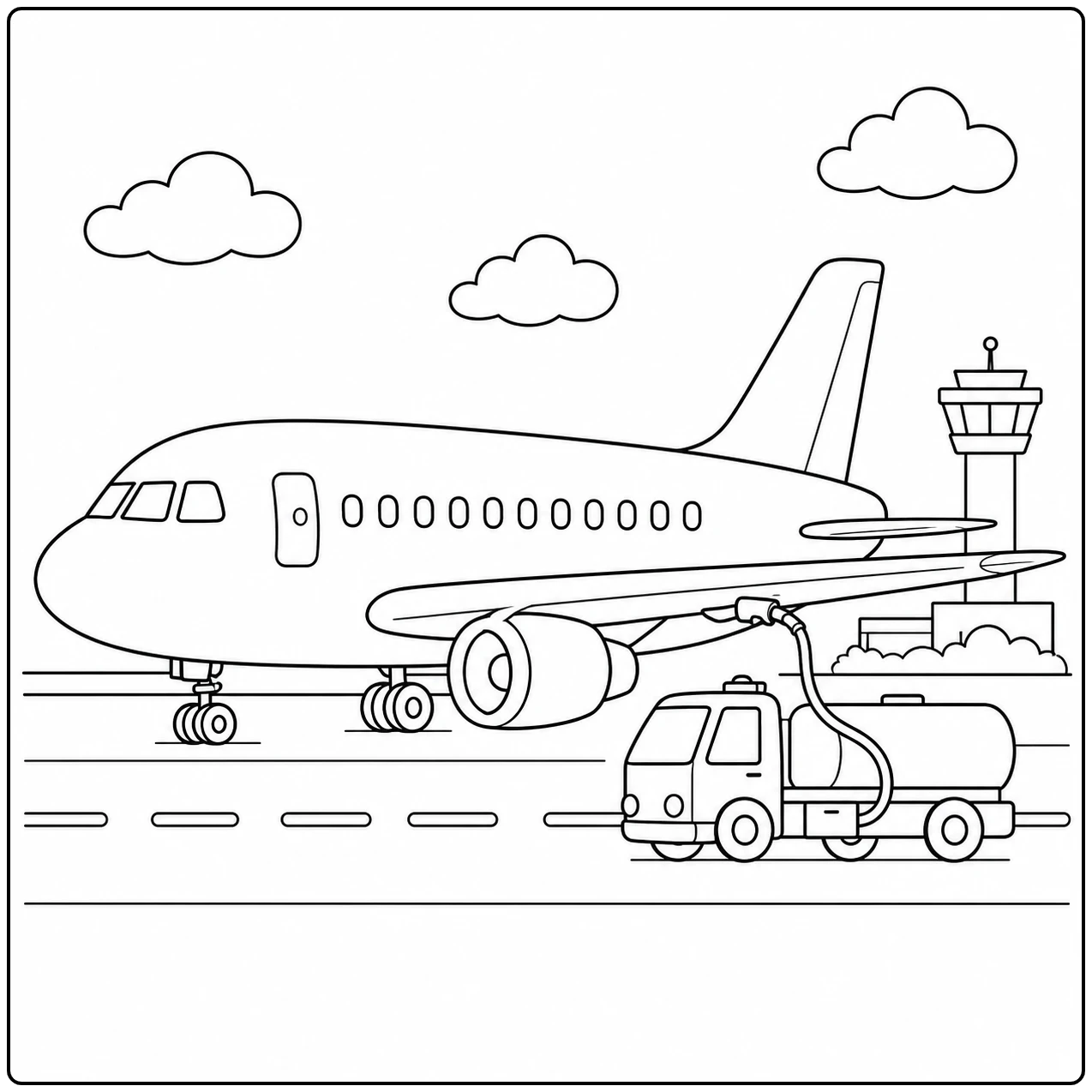 Geparkeerd vliegtuig met een servicewagen en verkeerstoren, als Vliegtuig op de luchthaven kleurplaat.