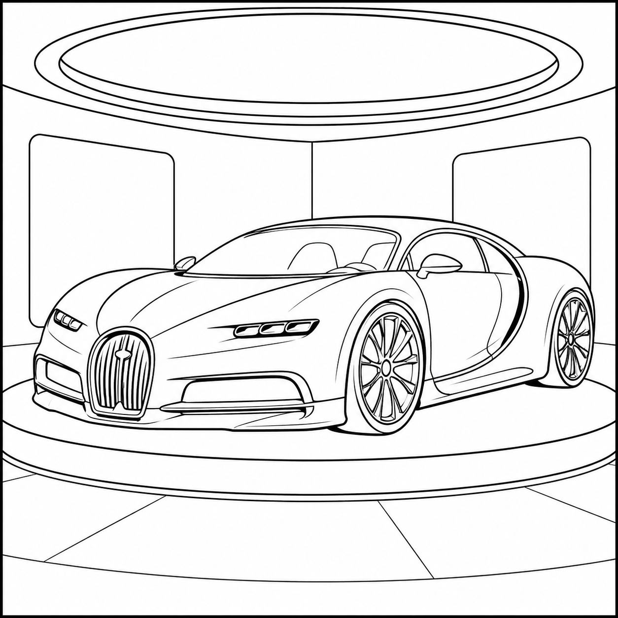 kleurplaat auto bugatti op een rond draaiplateau in een strakke showroom.