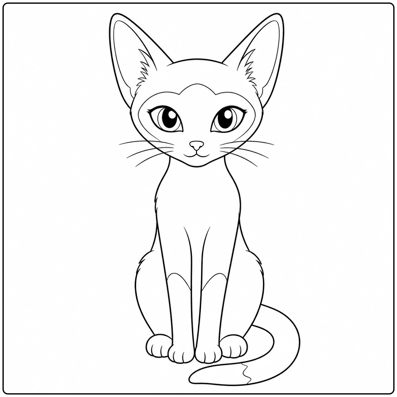 Zittende Siamese kitten met grote ogen en een sierlijk gekrulde staart op een kleurplaat