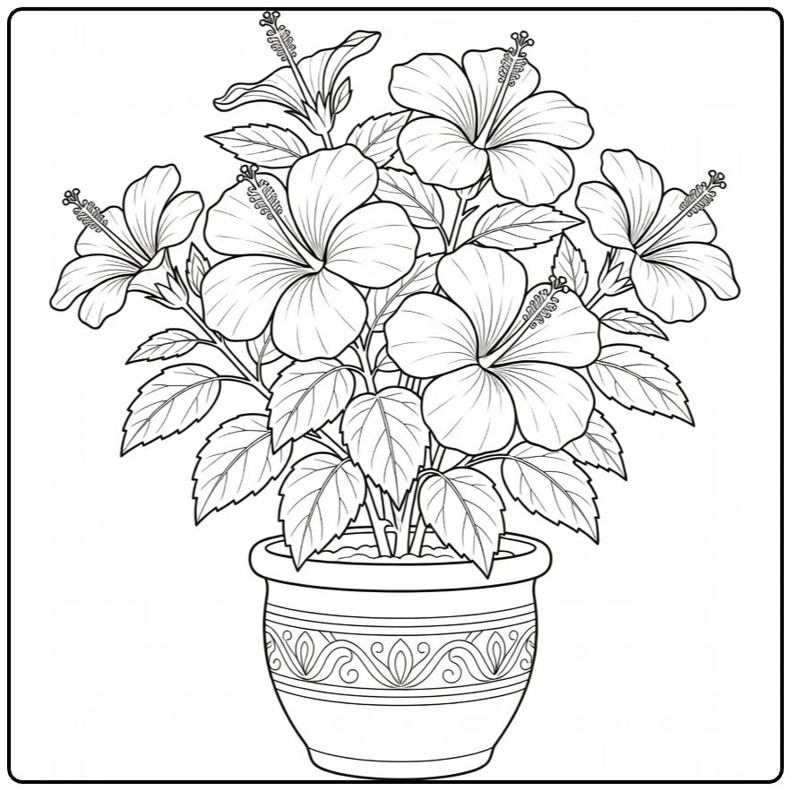 Sierplanten Kleurplaat hibiscus in decoratieve pot