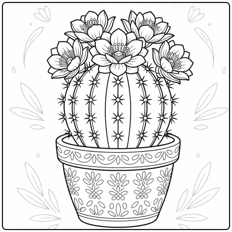 Sierplanten Kleurplaat cactus met bloemen in pot