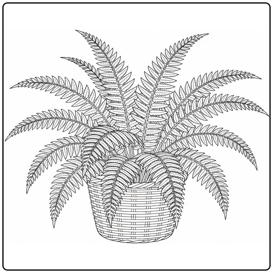 Sierplanten Kleurplaat met weelderige varen in mand