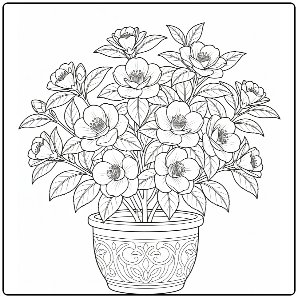 Sierplanten Kleurplaat van bloeiende camellia in pot