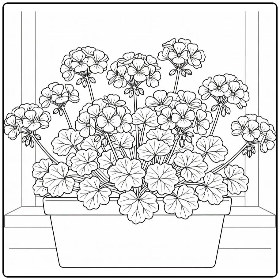 Sierplanten Kleurplaat bloeiende geranium in bloembak