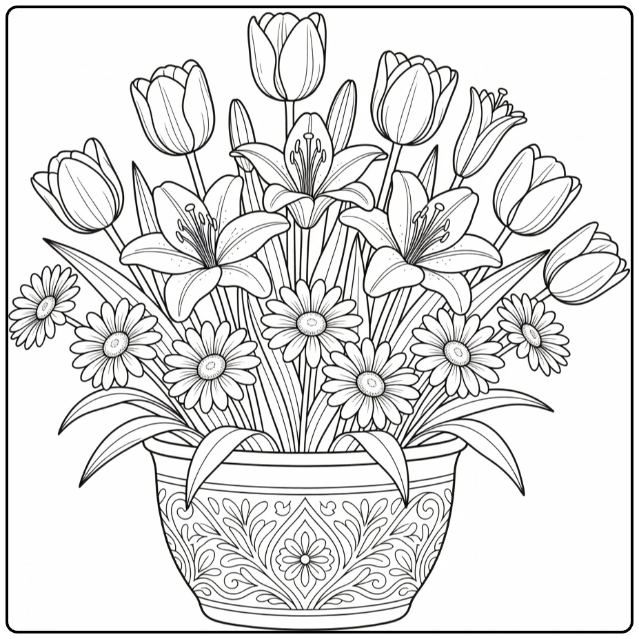 Sierplanten Kleurplaat met tulpen lelies en madeliefjes