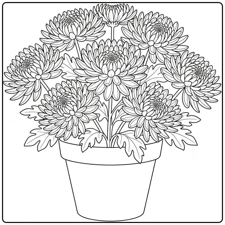Sierplanten Kleurplaat chrysant met gelaagde bloei in pot