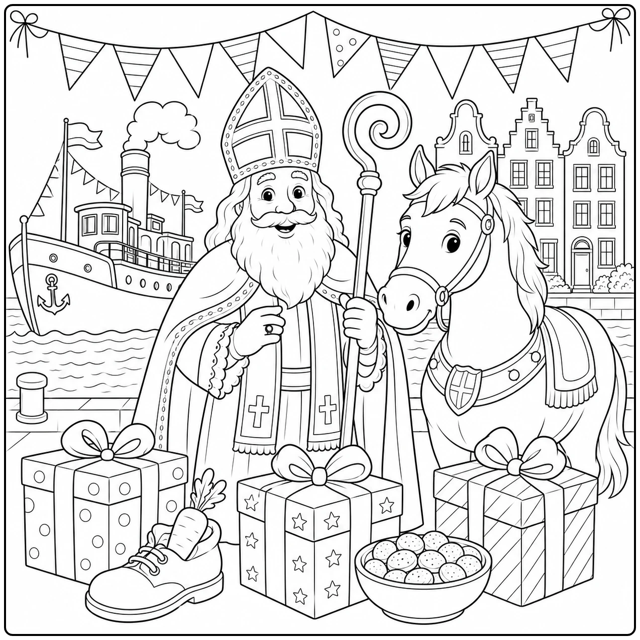 Sinterklaas staat naast zijn paard tussen cadeaus en een schaal snoep, met huizen en een boot in de verte.