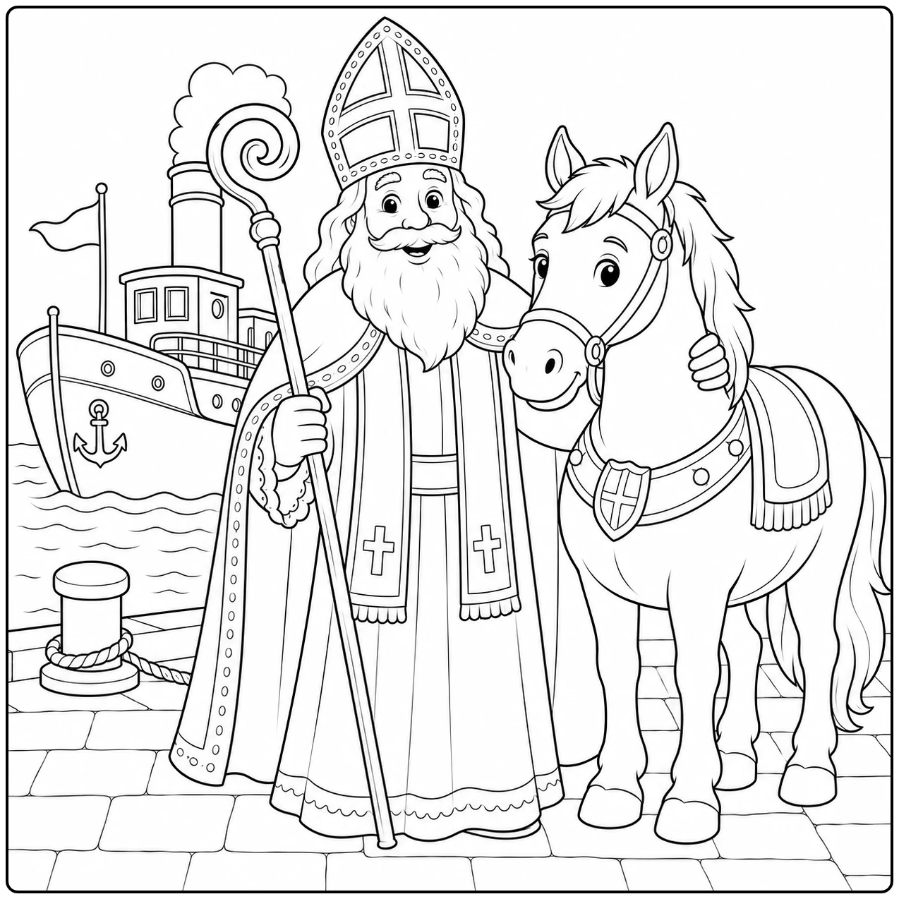 Bij de kade staat Sinterklaas met zijn paard en staf, terwijl een schip achter hen ligt.