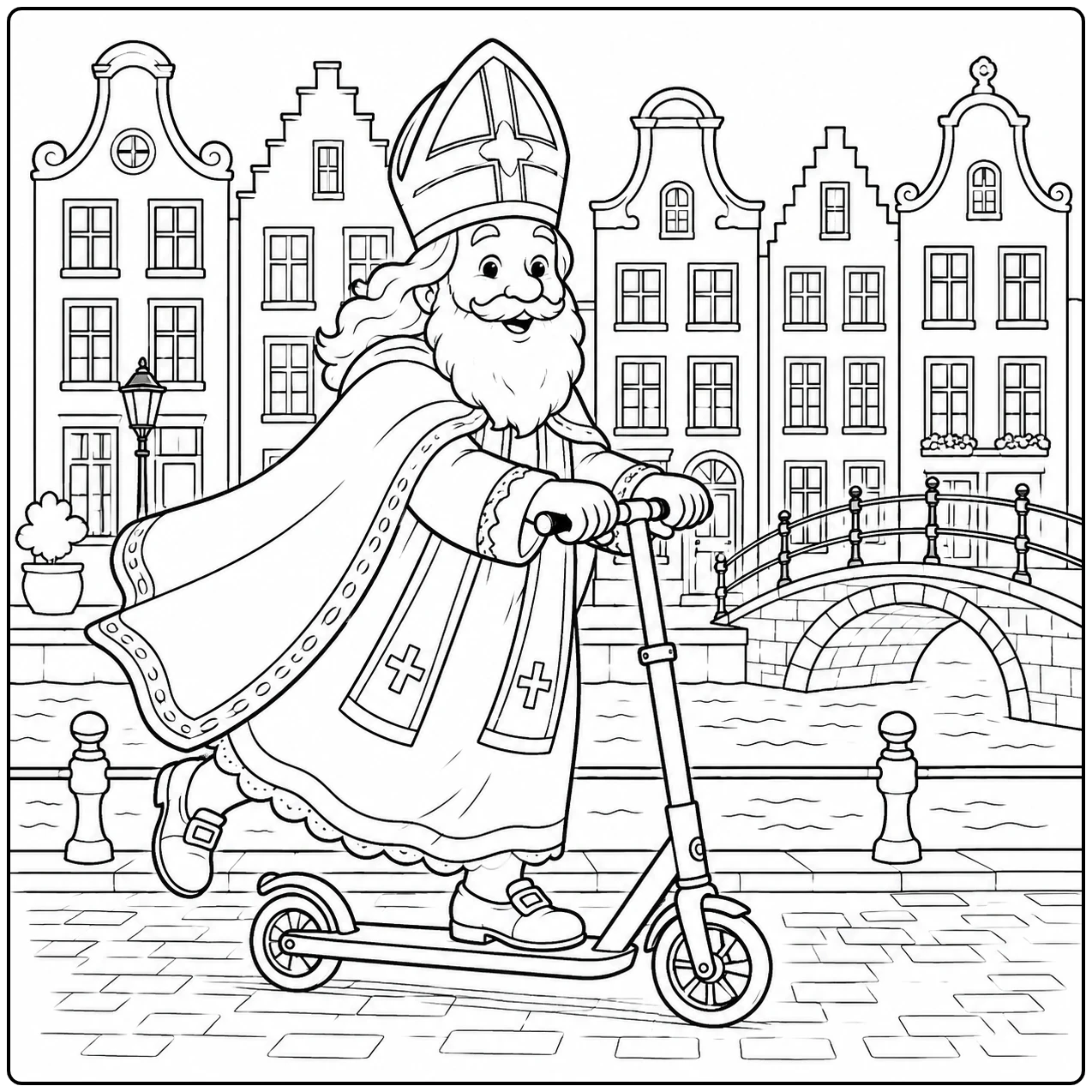 Sinterklaas rijdt door een Nederlandse stad op deze kleurplaat step langs grachtenpanden en een brug