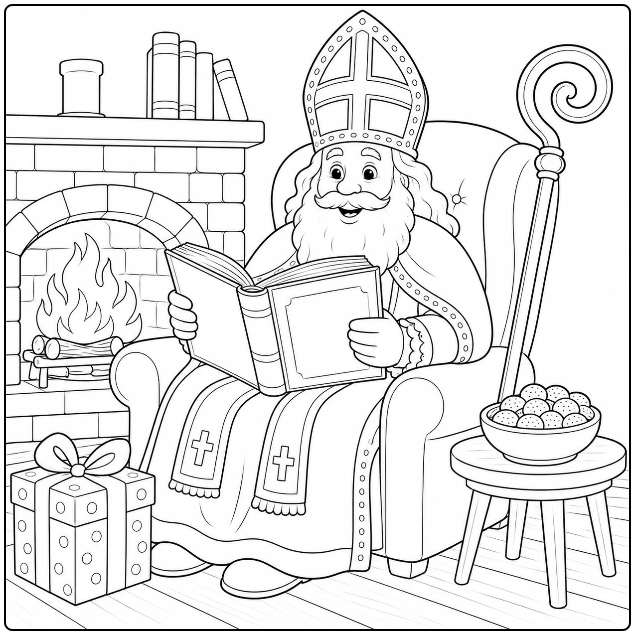 Sinterklaas leest ontspannen in een stoel naast de open haard, met cadeaus en een schaal lekkers.