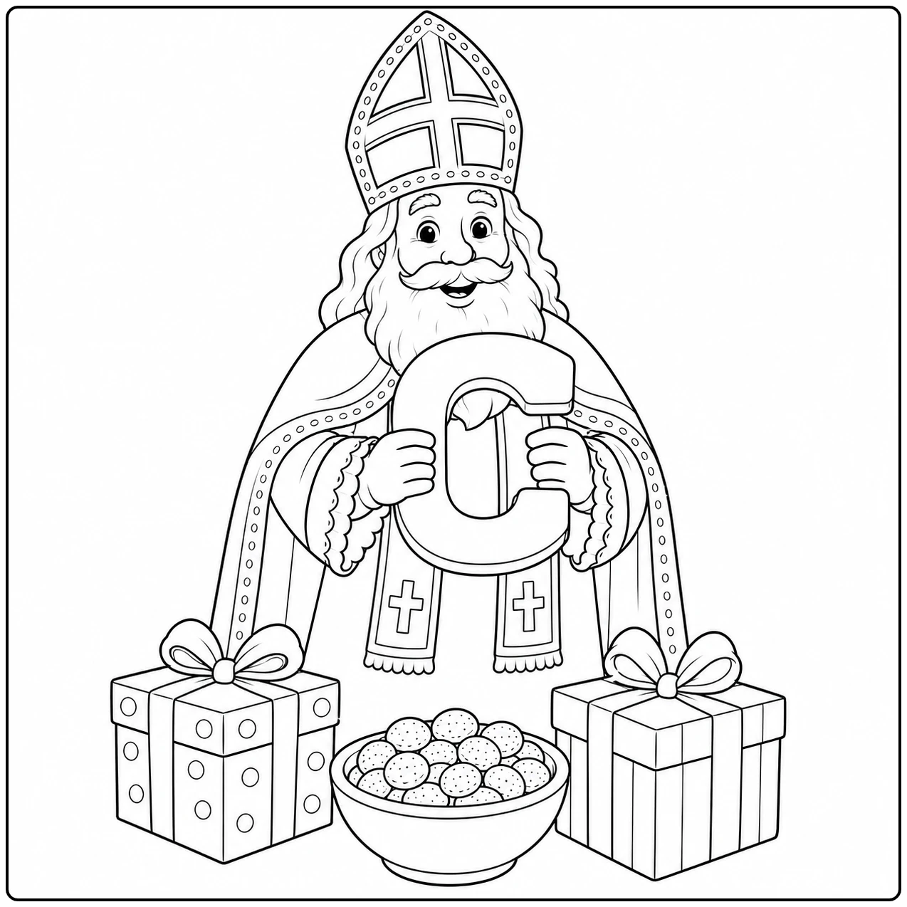 Cadeaus en een schaal lekkers omringen Sinterklaas terwijl hij een grote chocoladeletter vasthoudt.