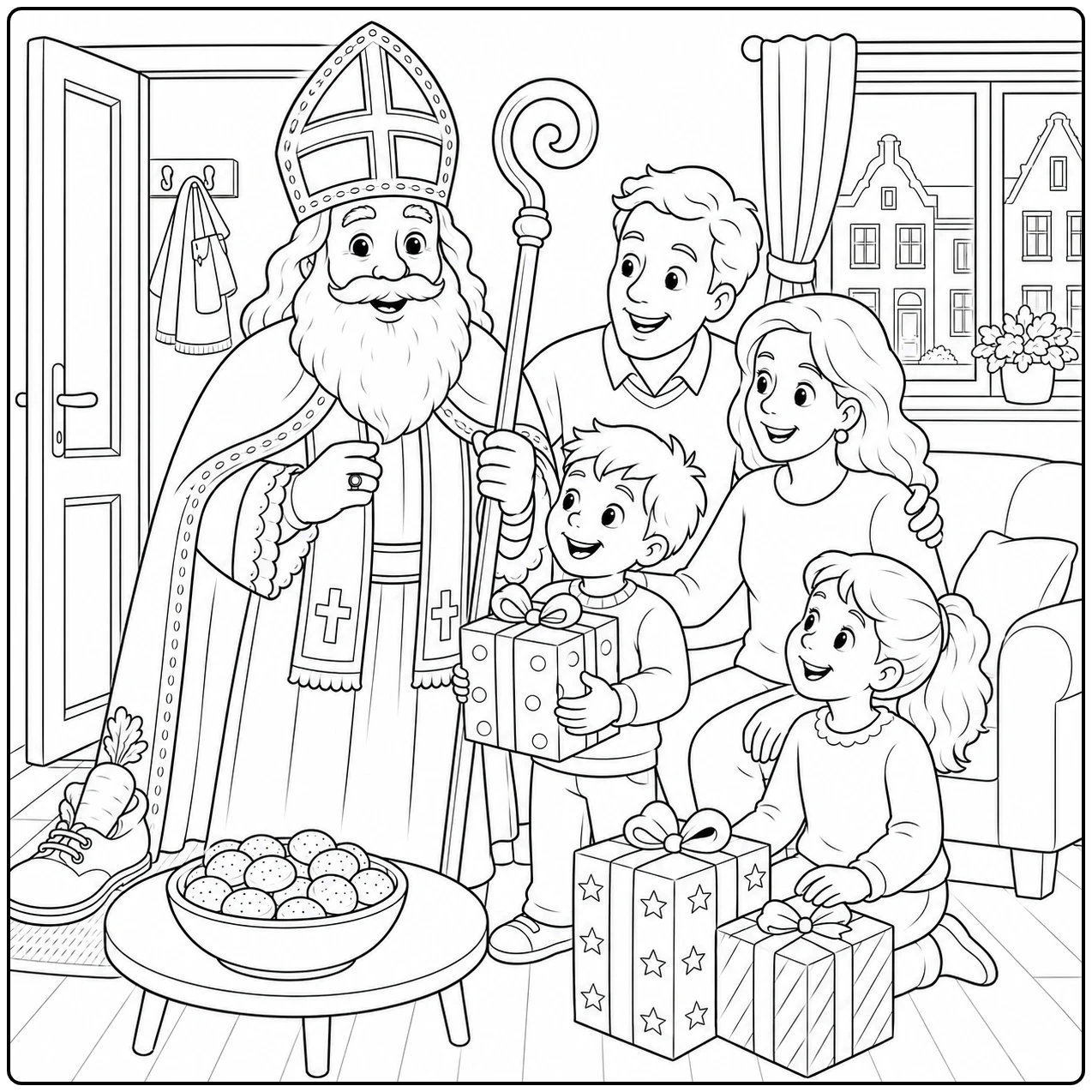 Sinterklaas Kleurplaat met de Sint die binnen kinderen begroet, omringd door cadeaus en een schaal lekkers.