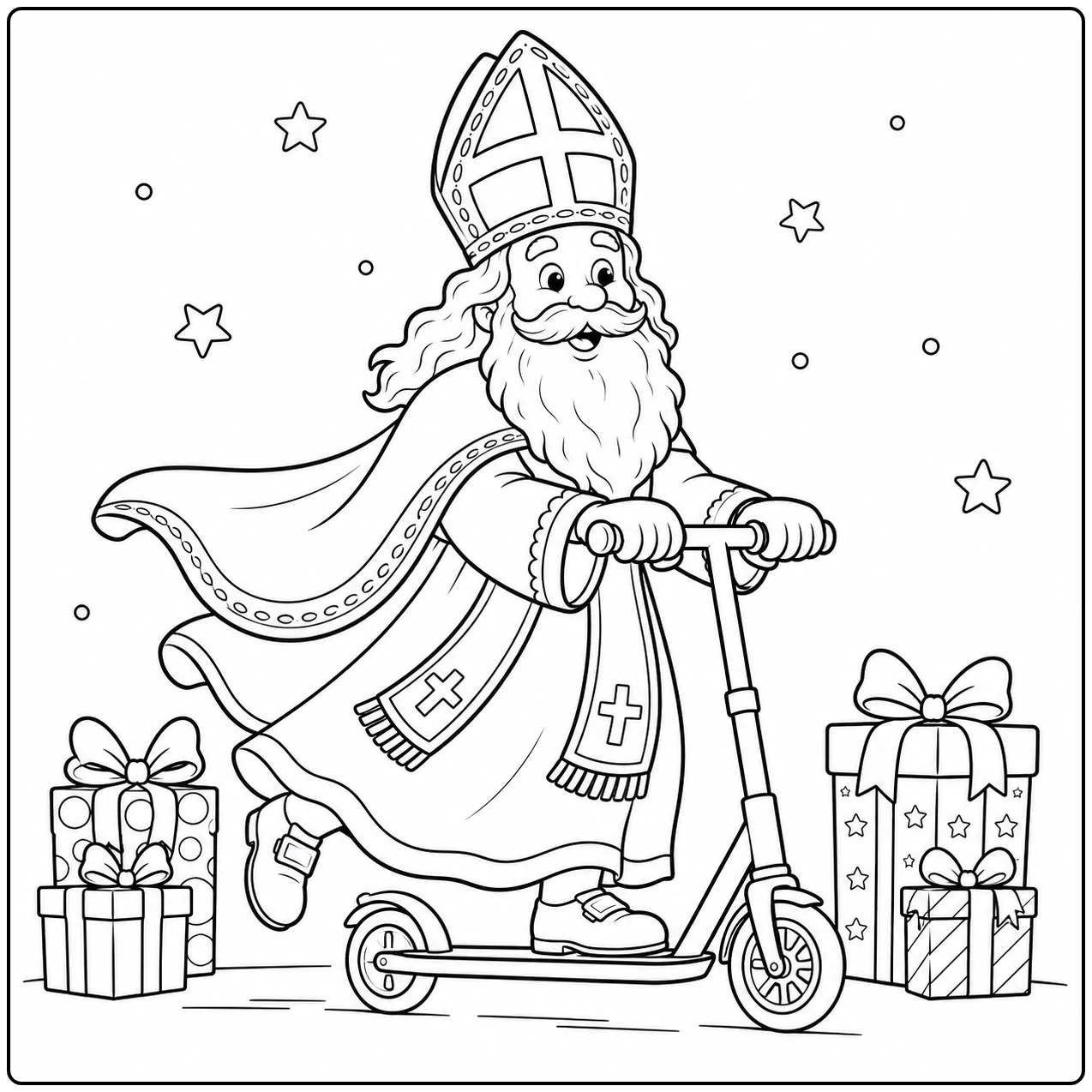 Sinterklaas rijdt op een step tussen cadeautjes en sterren met zijn mijter en lange mantel