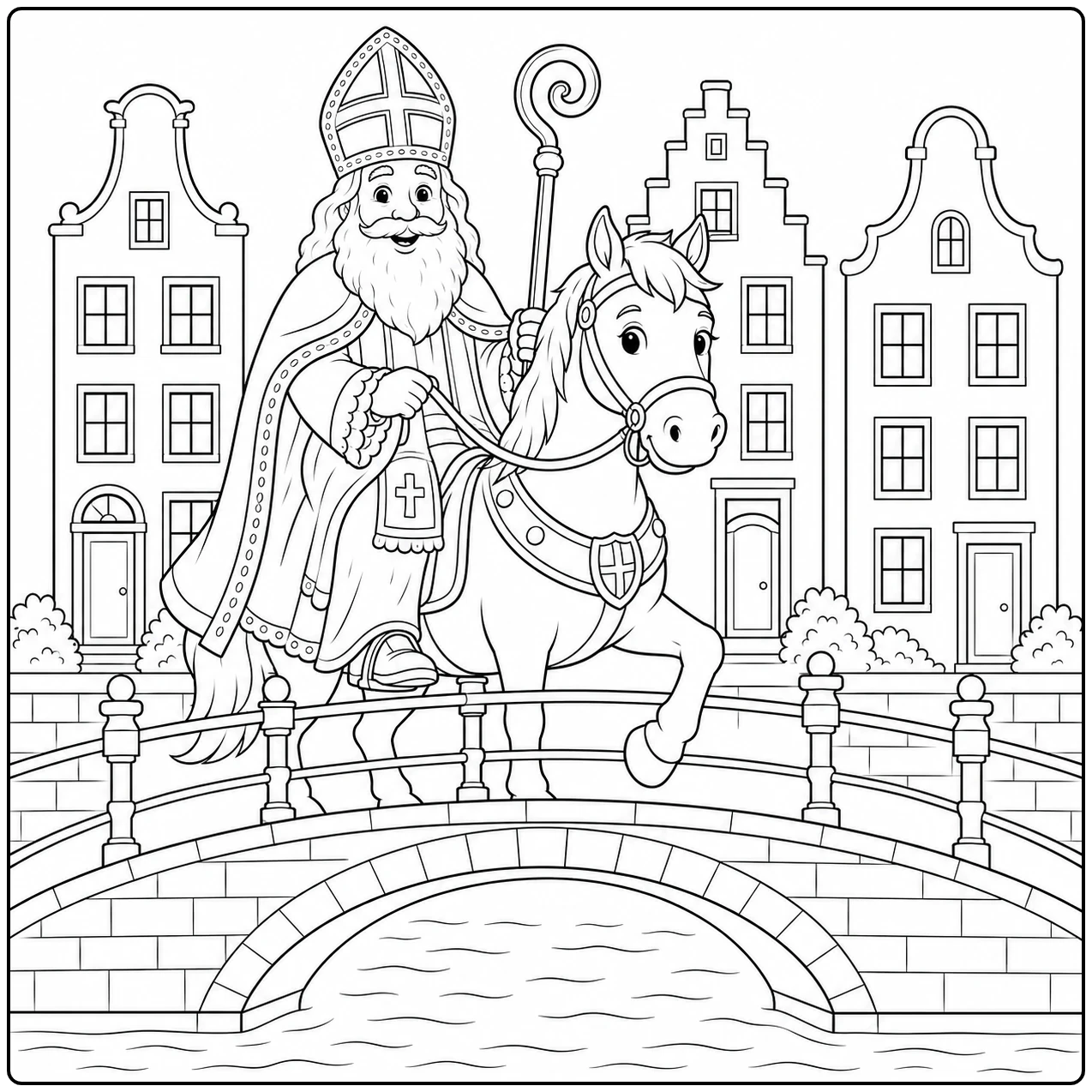 Sinterklaas rijdt met zijn paard over een stenen brug, met grachtenpanden op de achtergrond.
