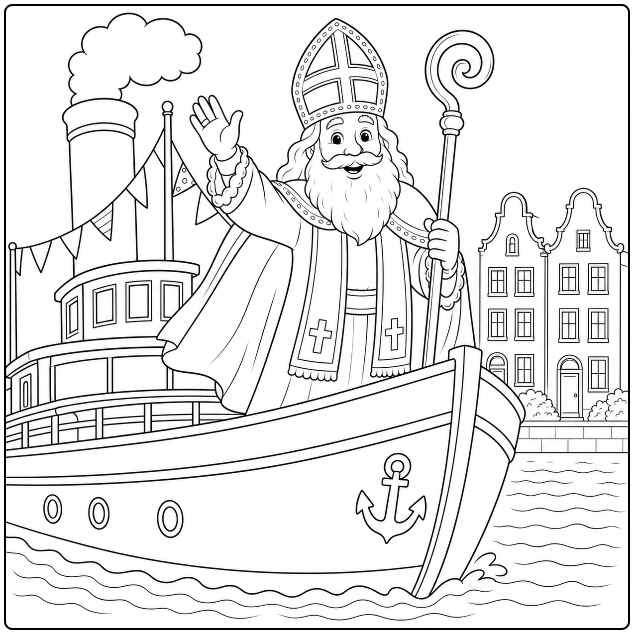 Sinterklaas vaart op een stoomboot en zwaait vanaf het dek, met stadshuizen langs het water.