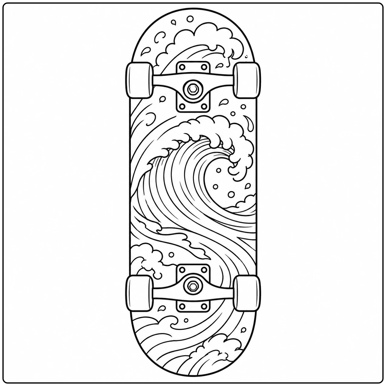 Skateboard met golven en een kleine auto op het deck, een gedetailleerde kleurplaat skateboard om in te kleuren