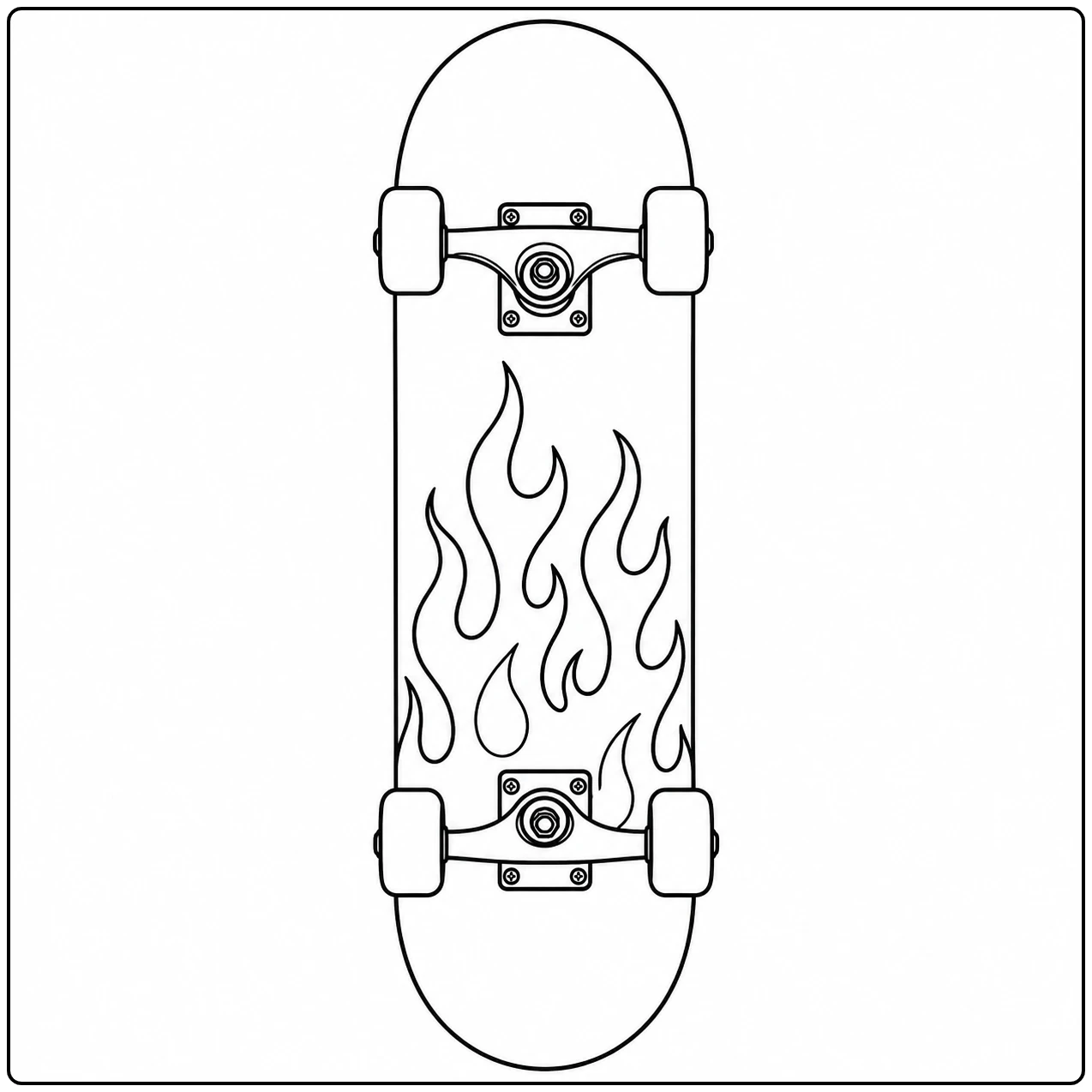 Vlammen sieren het deck van een skateboard in deze stoere kleurplaat skateboard met strak lijnwerk