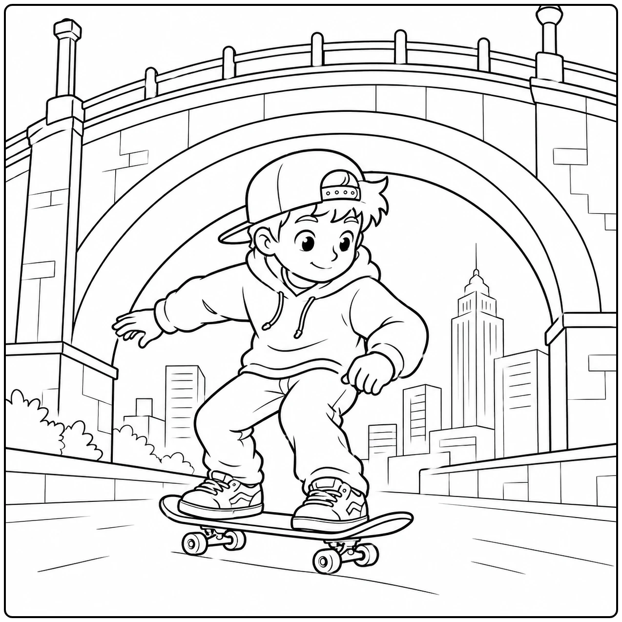 Jongen rijdt op zijn skateboard onder een grote stenen boog met hoge stadsgebouwen in de verte