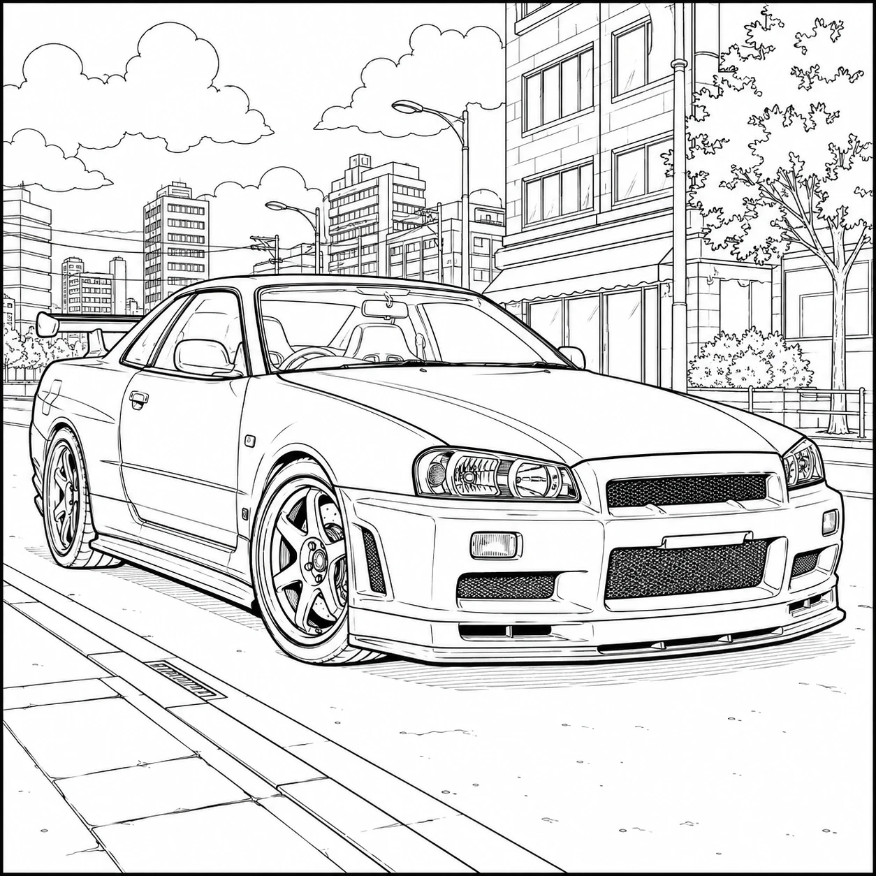 Nissan Skyline R34 met spoiler en sportieve details op een rustige stadsstraat