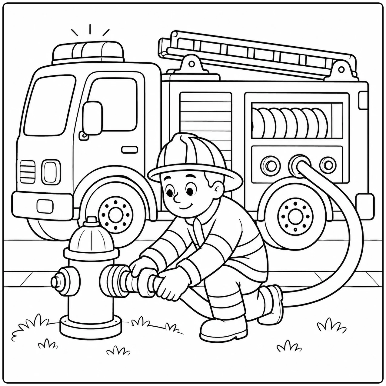 Brandweerman sluit een slang aan op de brandkraan naast een kleurplaat brandweerauto