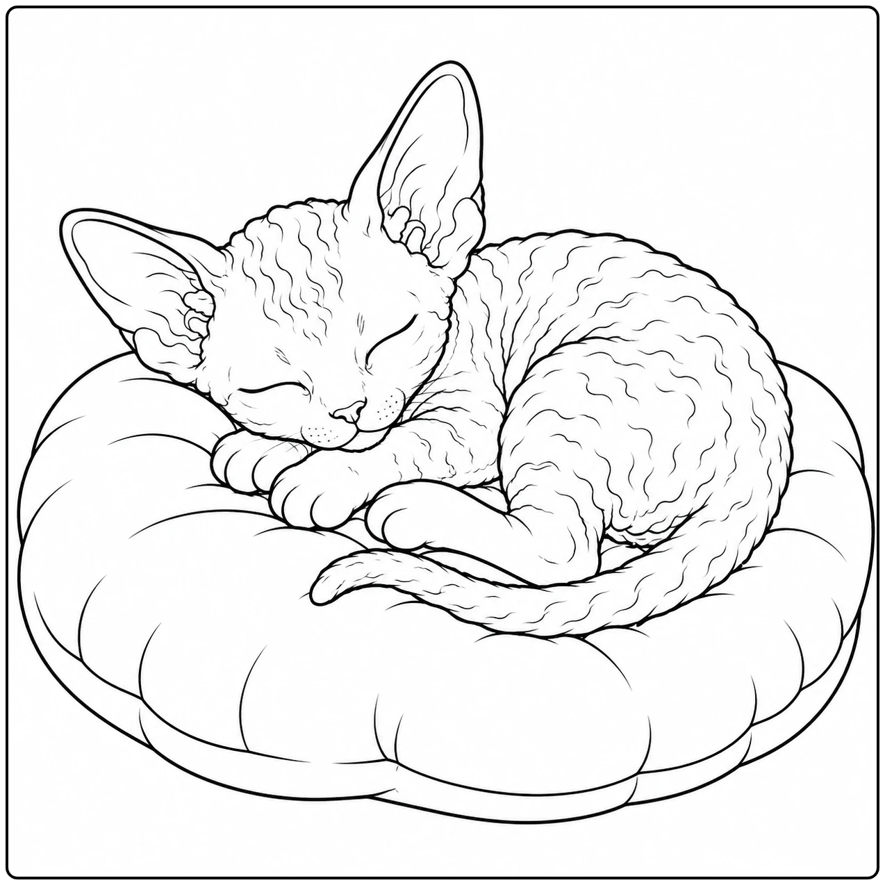 Slapende Devon Rex ligt opgerold op een rond kussen met de staart langs het lichaam.