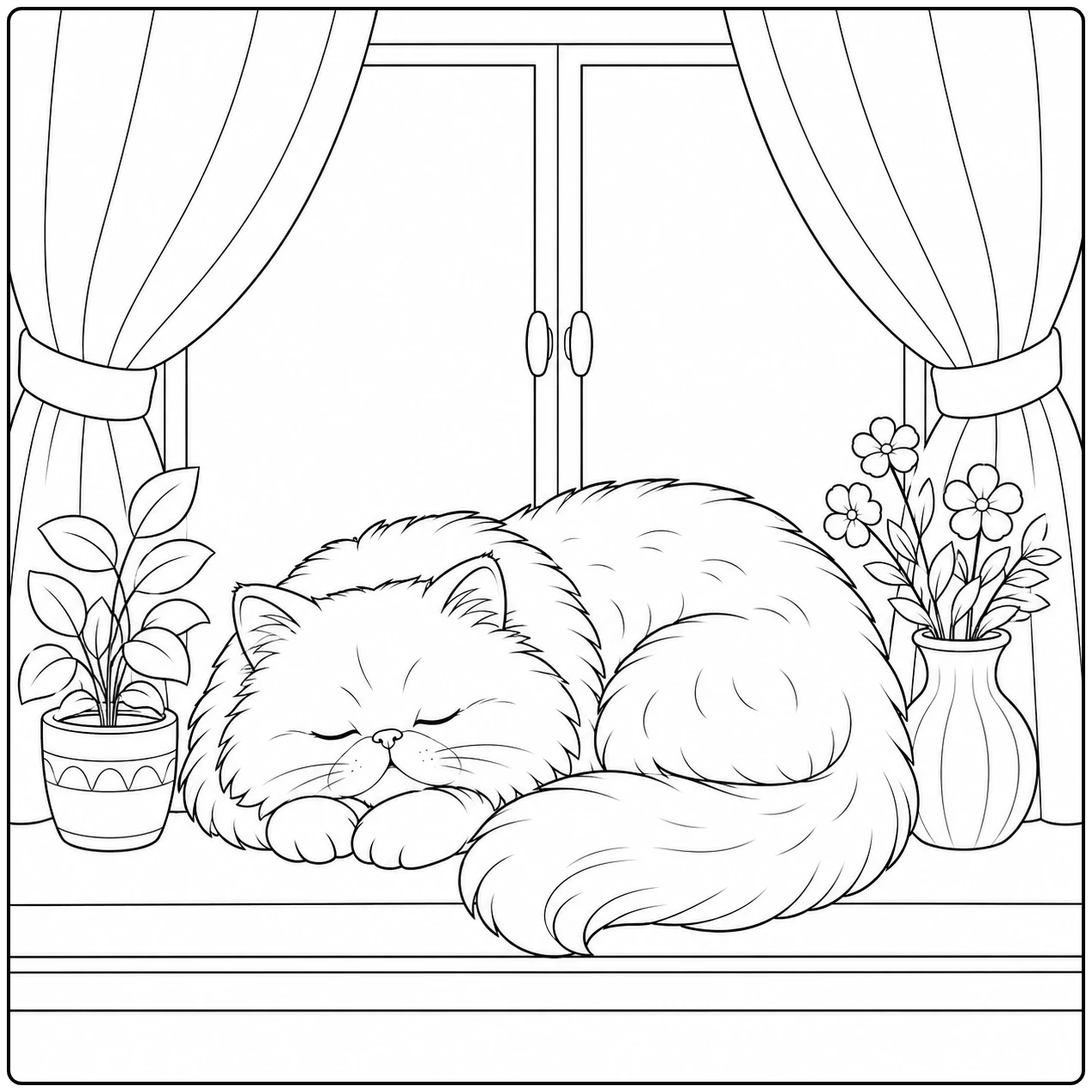 Langharige kat slaapt op de vensterbank tussen gordijnen, planten en een vaas met bloemen.