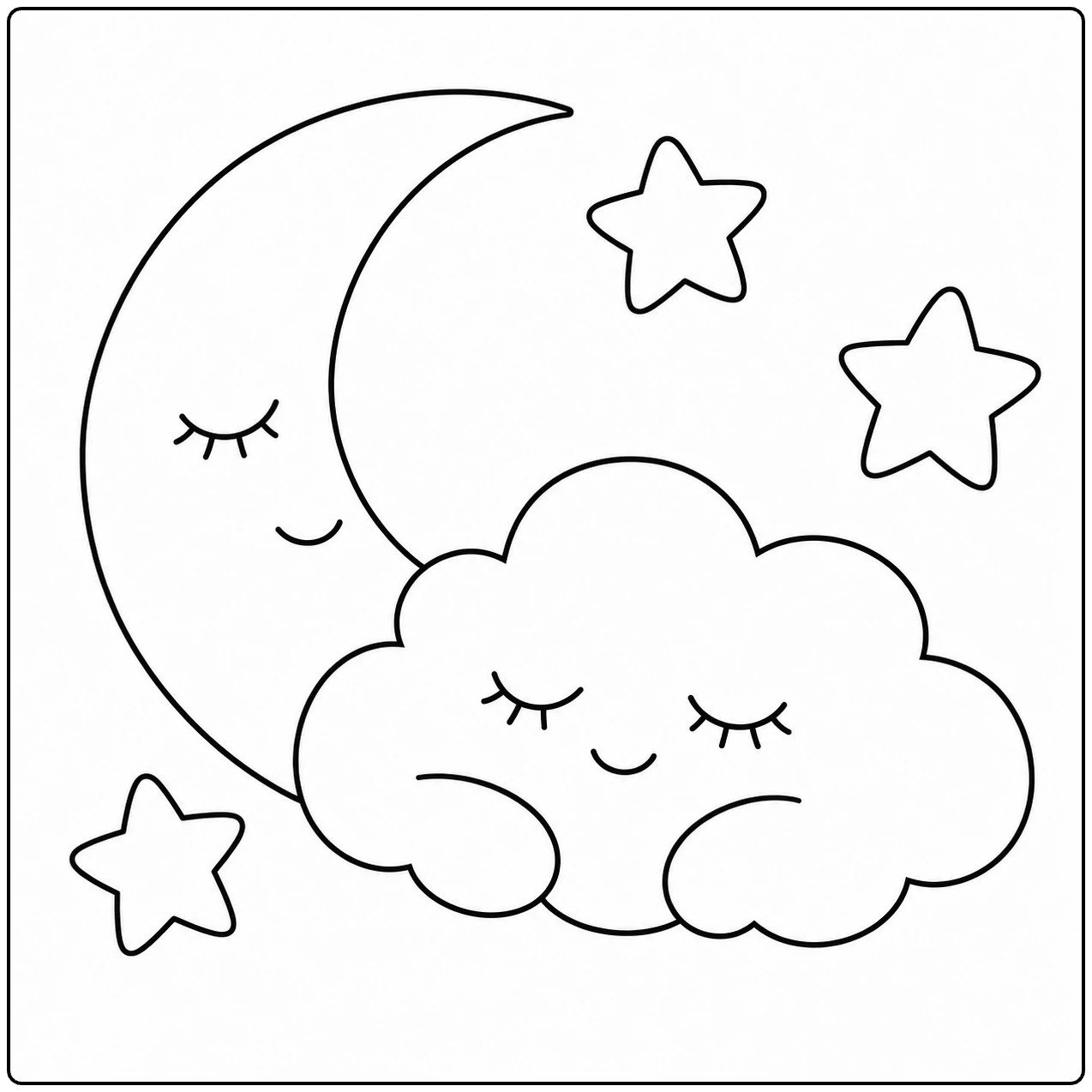 Slapende wolk onder een sikkelmaan, omringd door drie sterren in een rustige nachtscène.