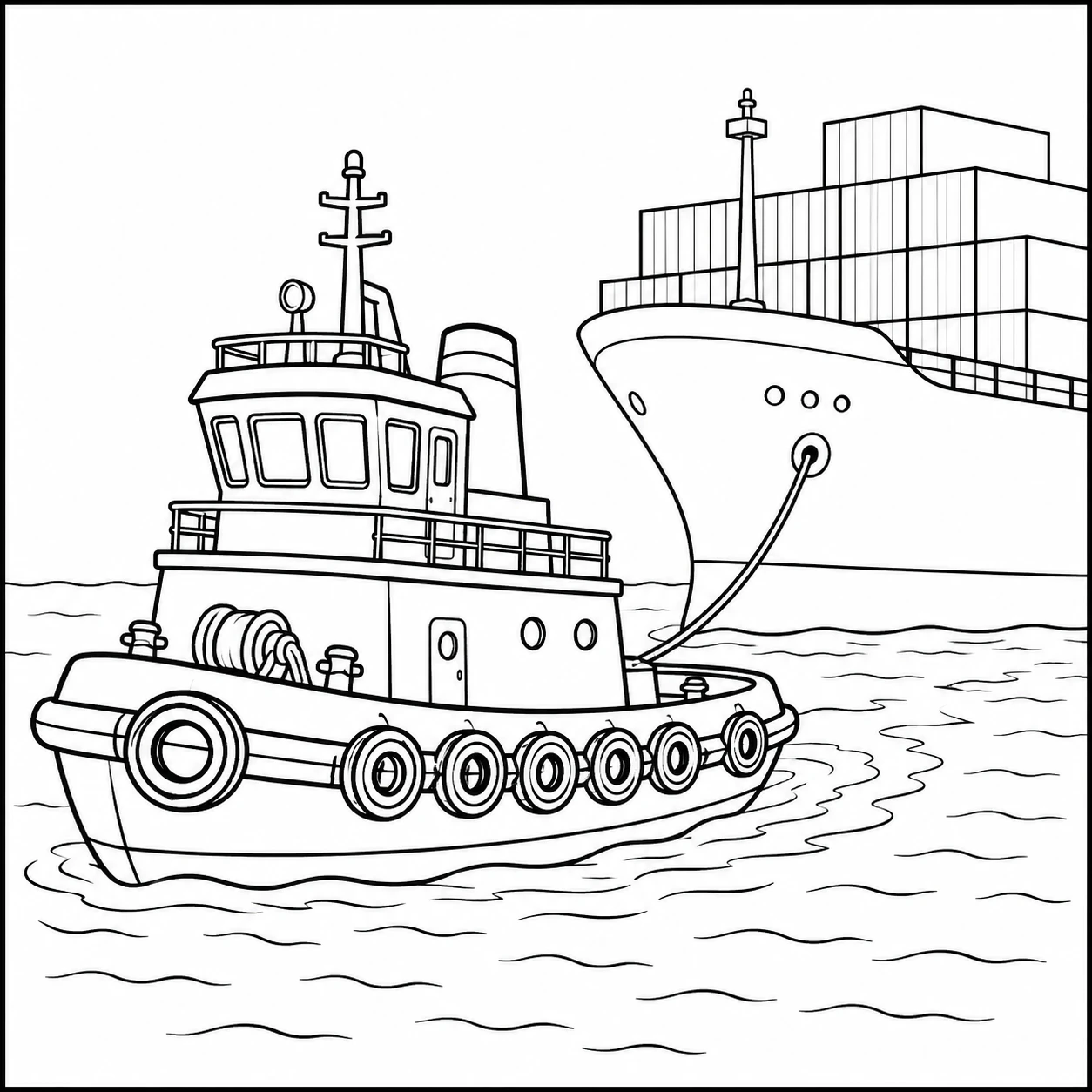 Compacte sleepboot vaart naast een groot vrachtschip met containers in de haven