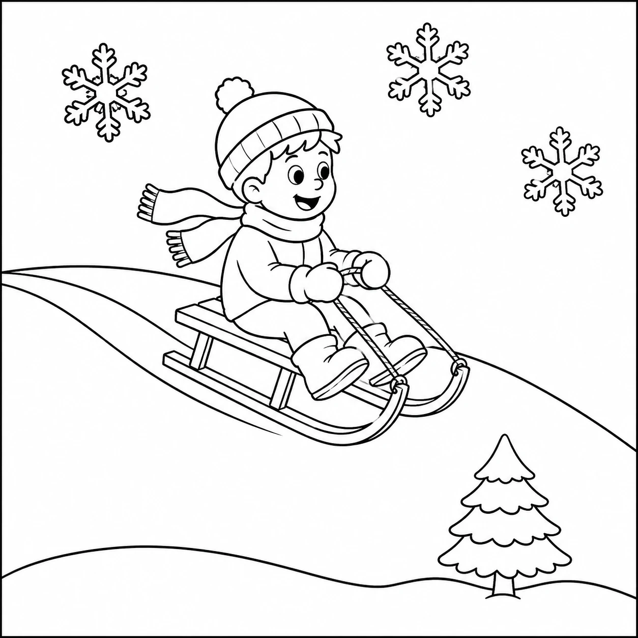 Een kind roetsjt op een slee van een heuvel in een speelse kleurplaat sneeuw met een dennenboom
