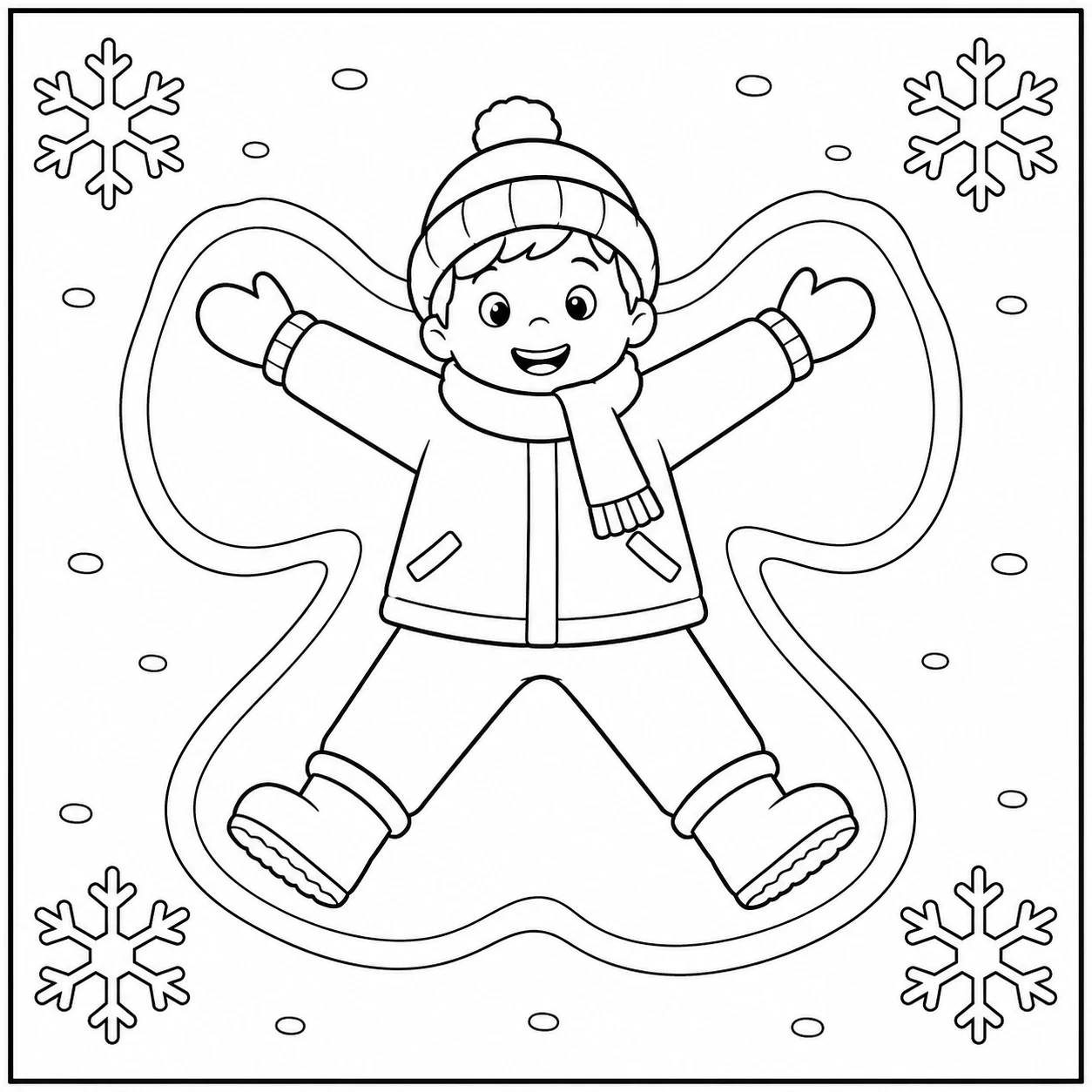 Een kind maakt een sneeuwengel terwijl verschillende sneeuwvlokken rondom naar beneden vallen