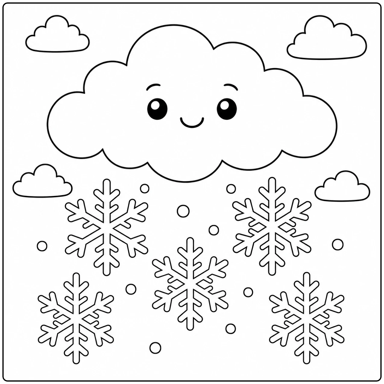 Lachende sneeuwwolk met grote sneeuwvlokken, een eenvoudige Wolken Kleurplaat voor winterthema