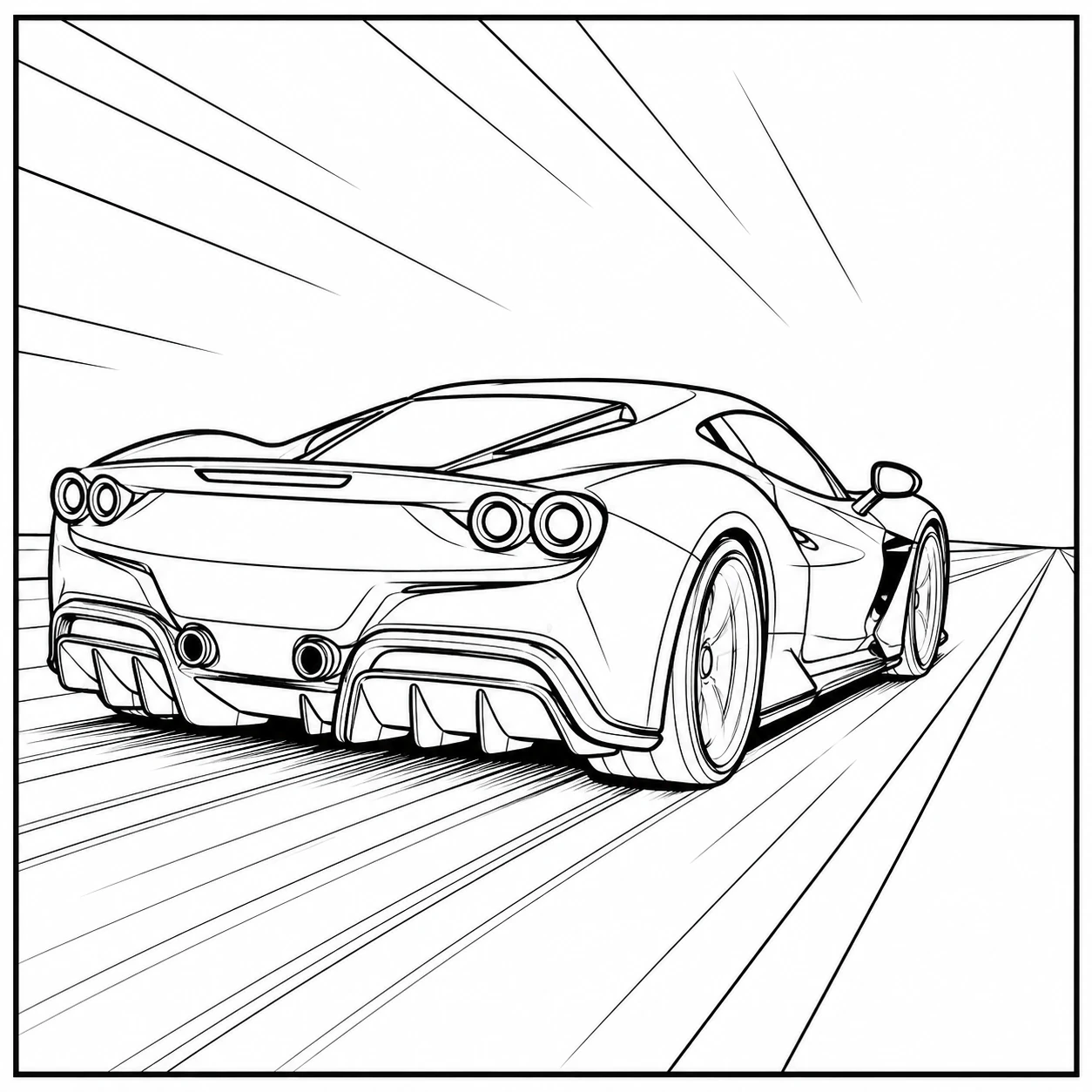 Achteraanzicht van een snelle supercar met dubbele ronde lampen en krachtige snelheidslijnen