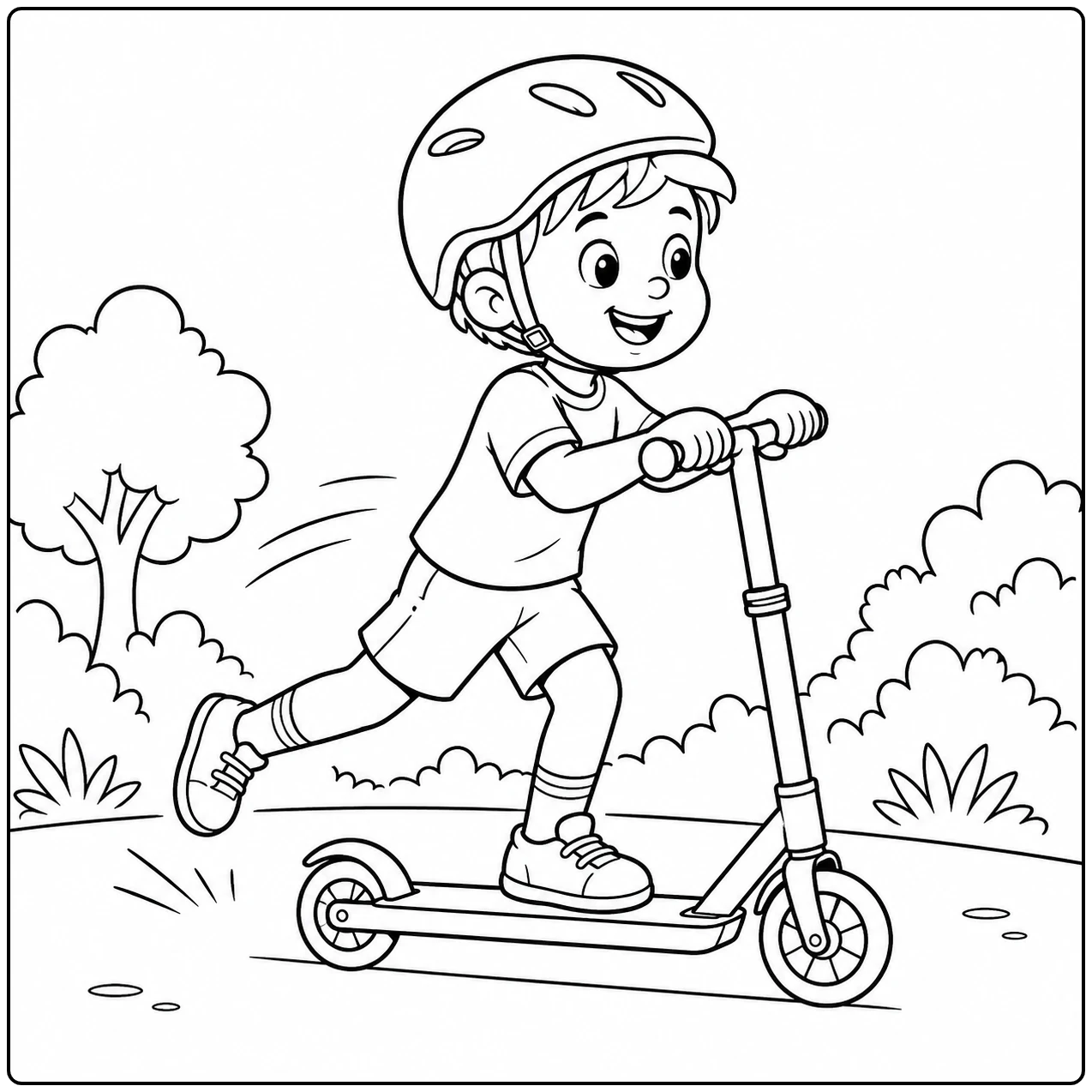 Meisje met helm zet stevig af op haar step en rijdt over een pad tussen struiken en bomen