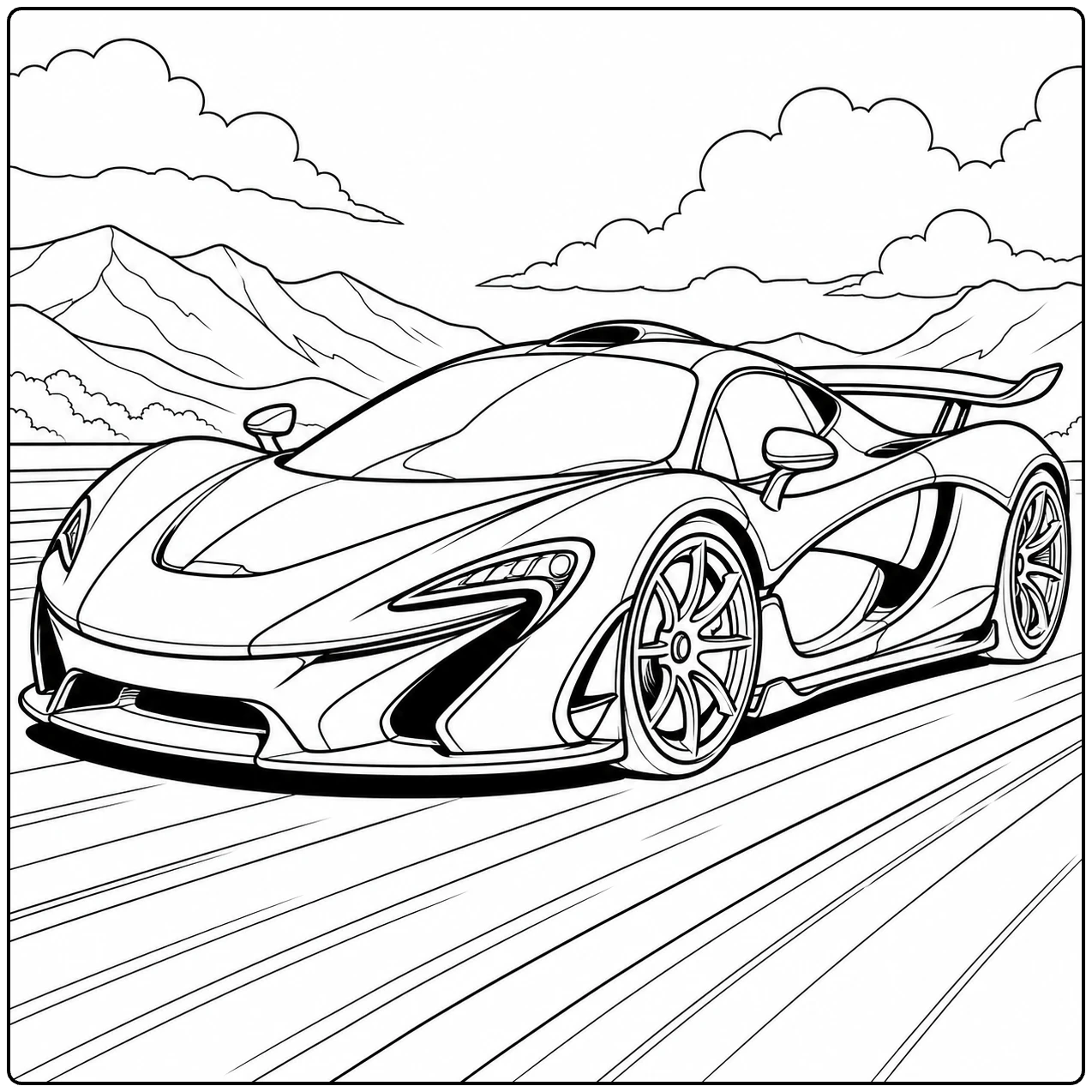Snelle supercar op een rechte weg met bergen op de achtergrond en dynamische lijnen