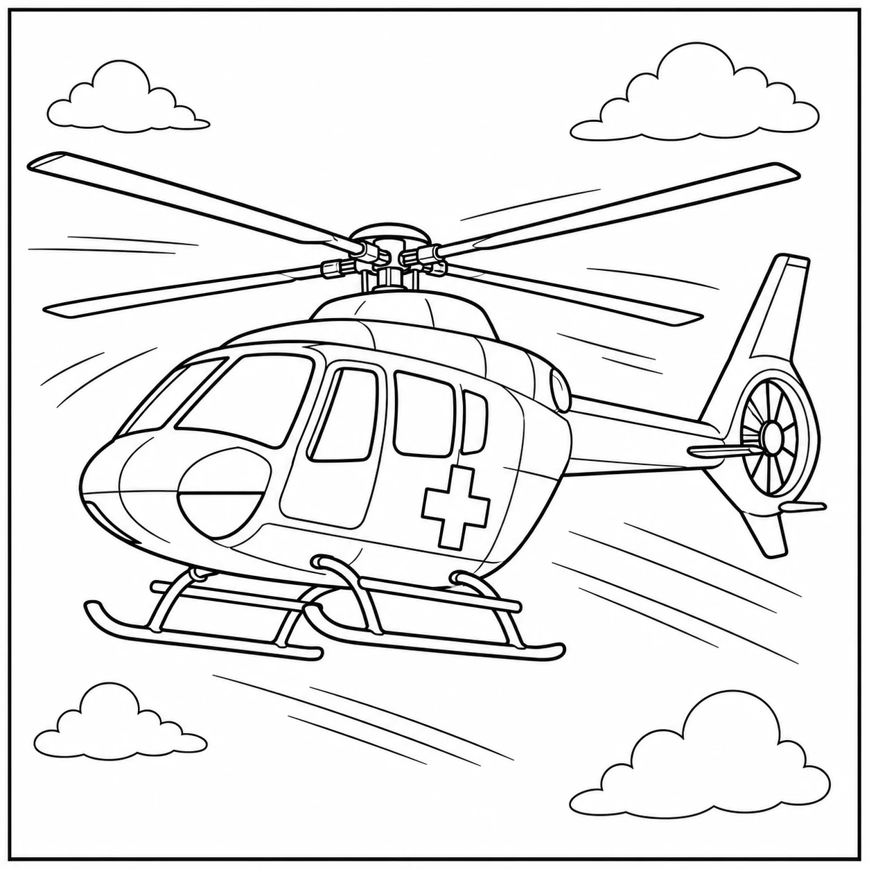 Ambulancehelikopter vliegt snel door de lucht met bewegingslijnen, wolken en zichtbare staartrotor