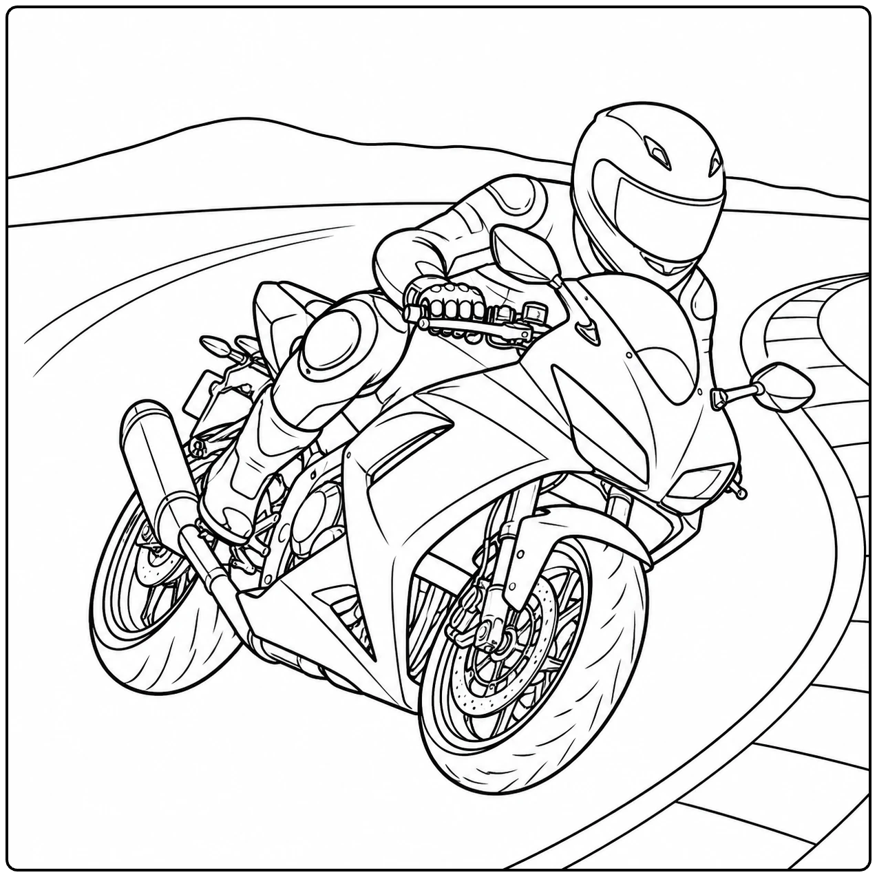 Een kleurplaat motor met coureur die schuin door een bocht op het circuit rijdt