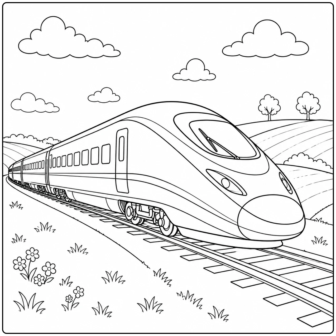 Sierlijke sneltrein rijdt over het spoor door open velden met bloemen en heuvels in de verte