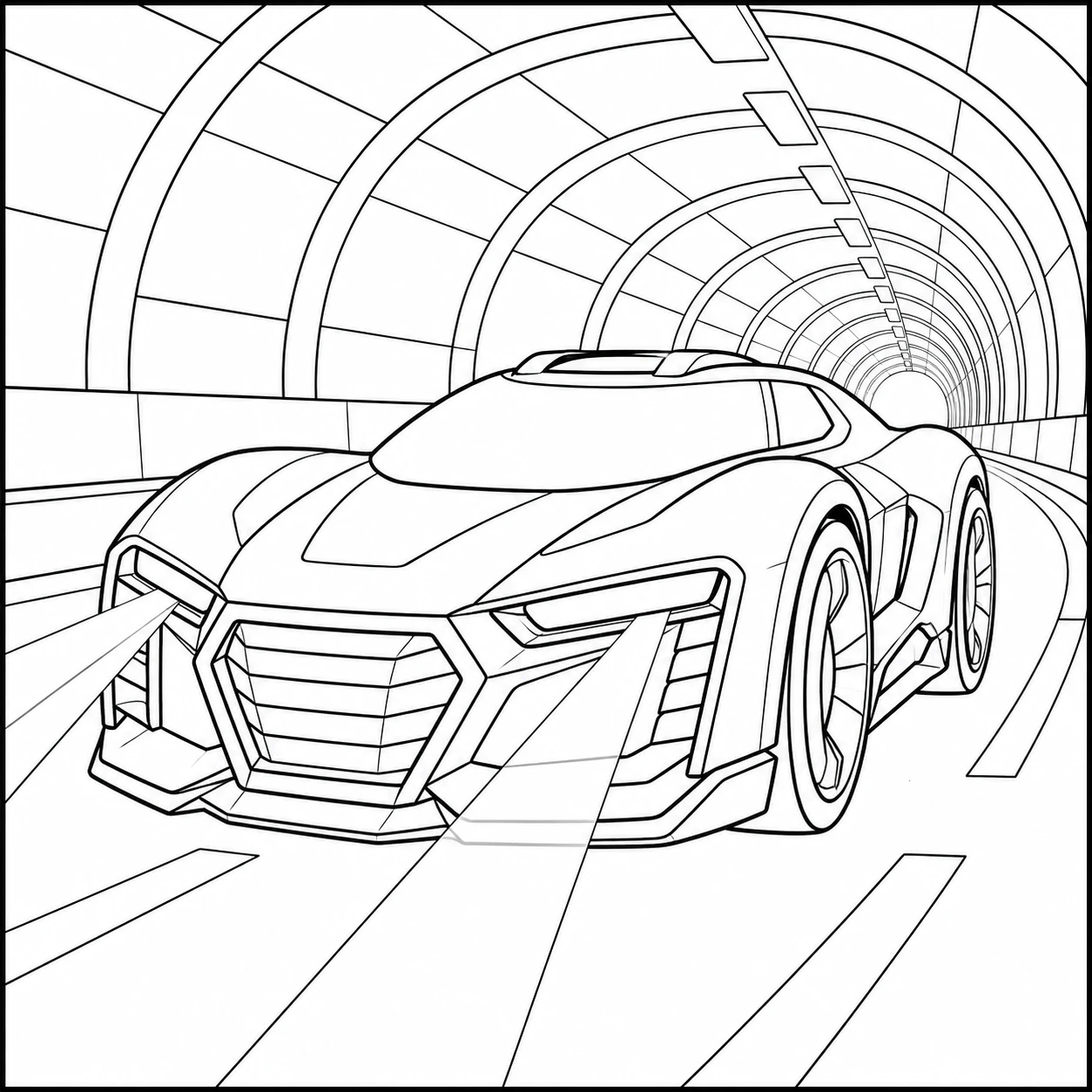 Kleurplaat batman auto met een snelle wagen in een futuristische tunnelomgeving
