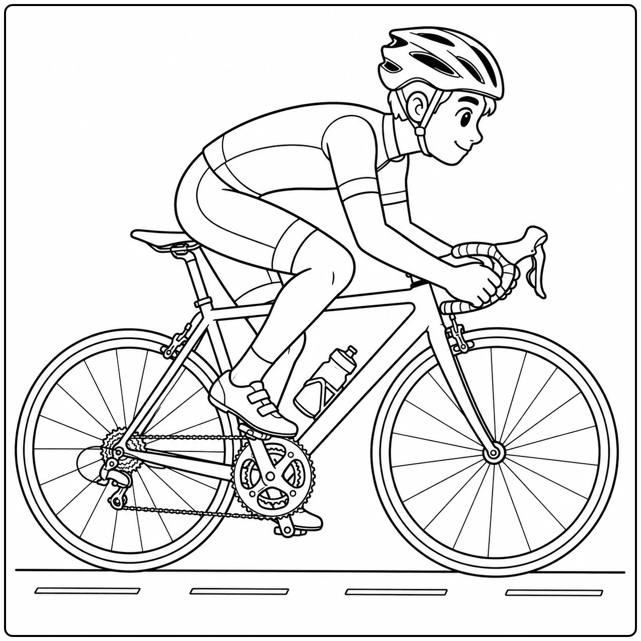Sportieve wielrenner buigt voorover op een racefiets en rijdt snel over een vlakke weg