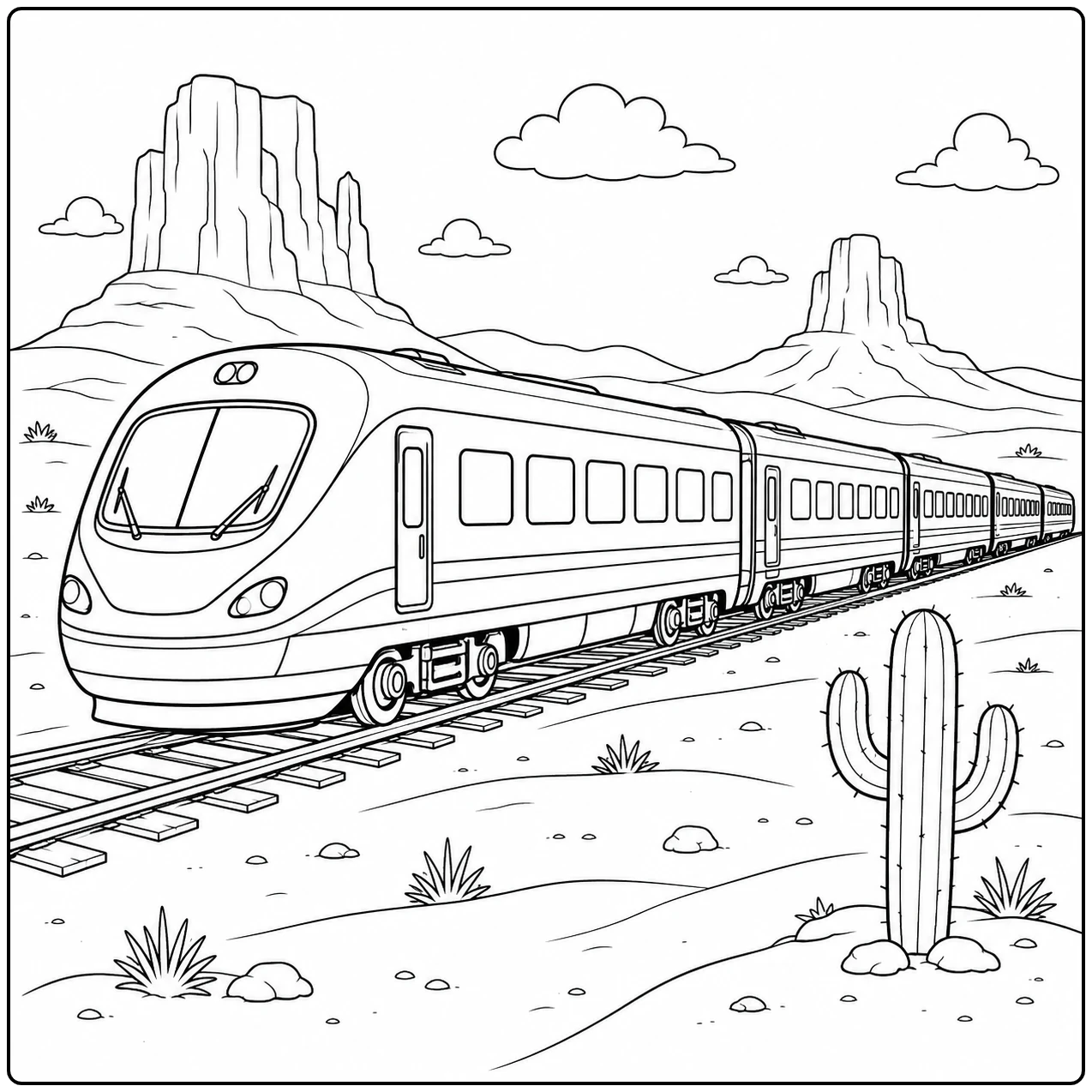 Hogesnelheidstrein volgt rechte rails door een woestijn met cactus en hoge rotsformaties
